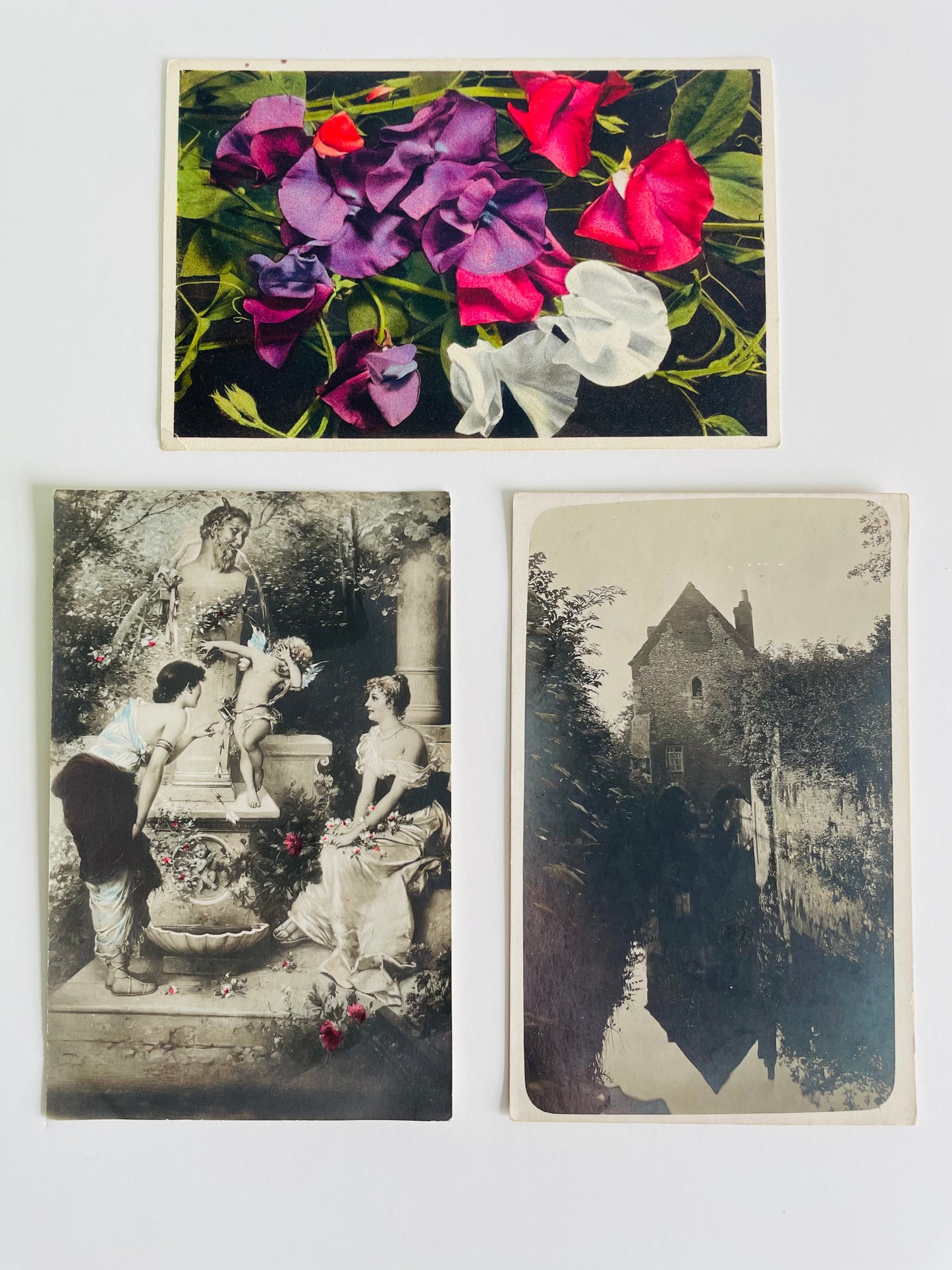 Early 1900s Postcard Collection - Greyfriars in Canterbury, Sweet Pea Flowers & Women with Cupid at Fountain - Set of 3