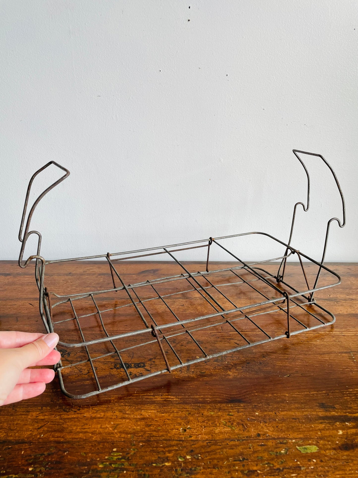 Vintage Metal Milk Bottle Caddy Carrier with Handles & Three Glass Milk Bottles with Cardboard Bottle Caps