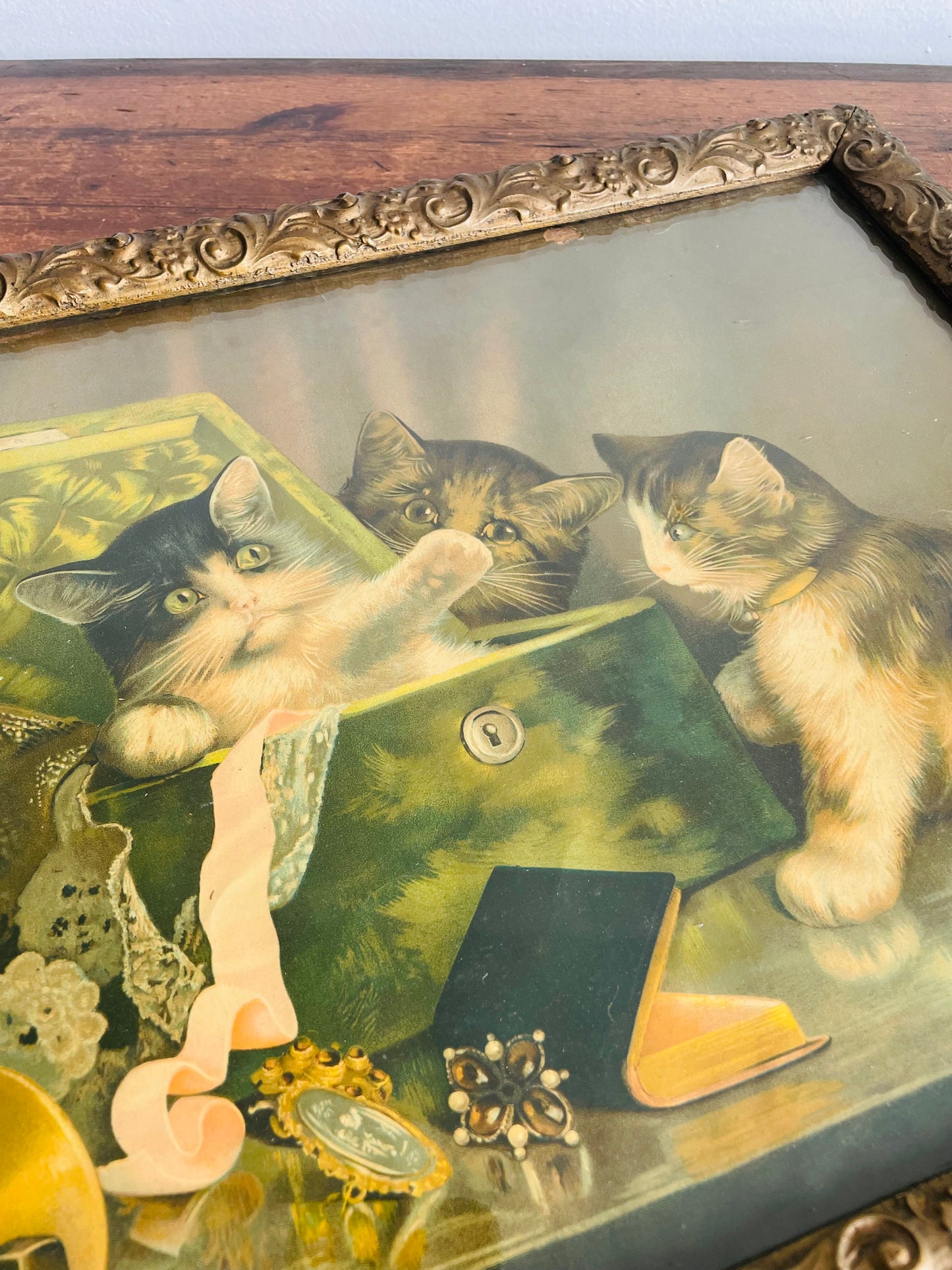 Antique Print Picture of Three Cats Playing in Jewellery Box - Stunning Gold Frame with Ornate Flower & Leaf Design