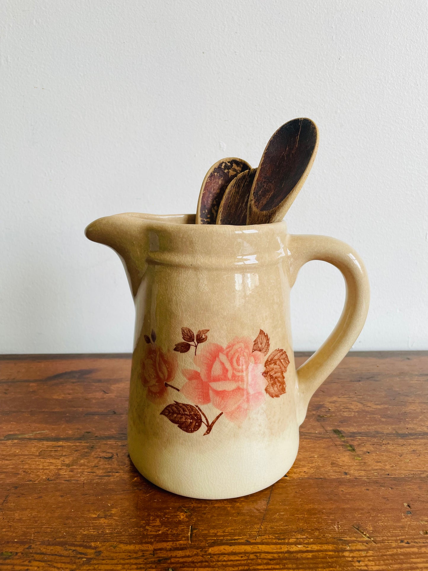 Farmhouse Stoneware Pitcher Jug Vase or Utensil Holder with Rose Design - Found in Dublin, Ireland