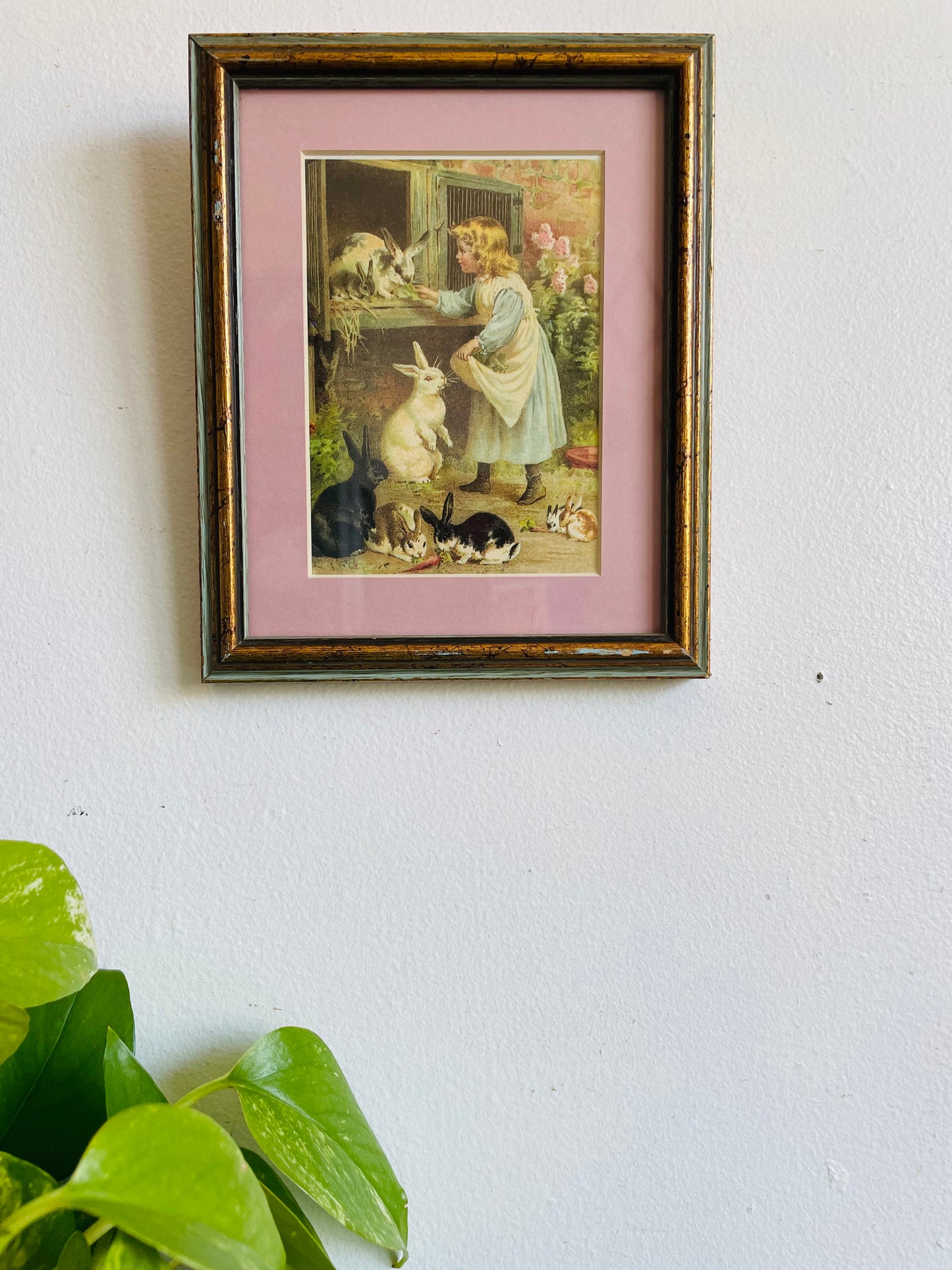 Vintage Print Picture of Little Girl Feeding Carrots to Rabbits - Adorable & Sweet!
