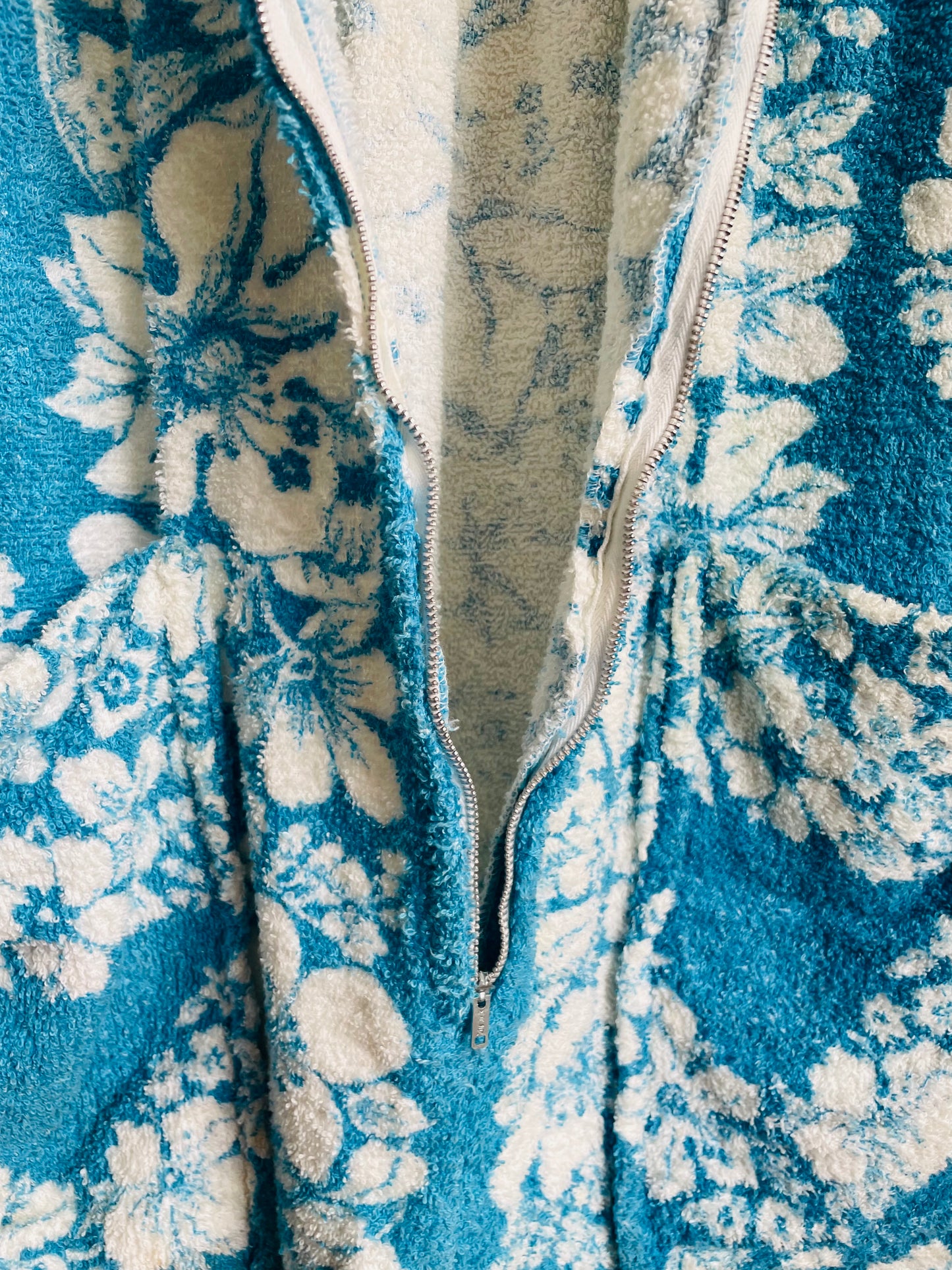 Zippered Terry Cloth Towel Dress or Beach Cover-Up with Pockets & Blue & White Tropical Hibiscus Flower Design
