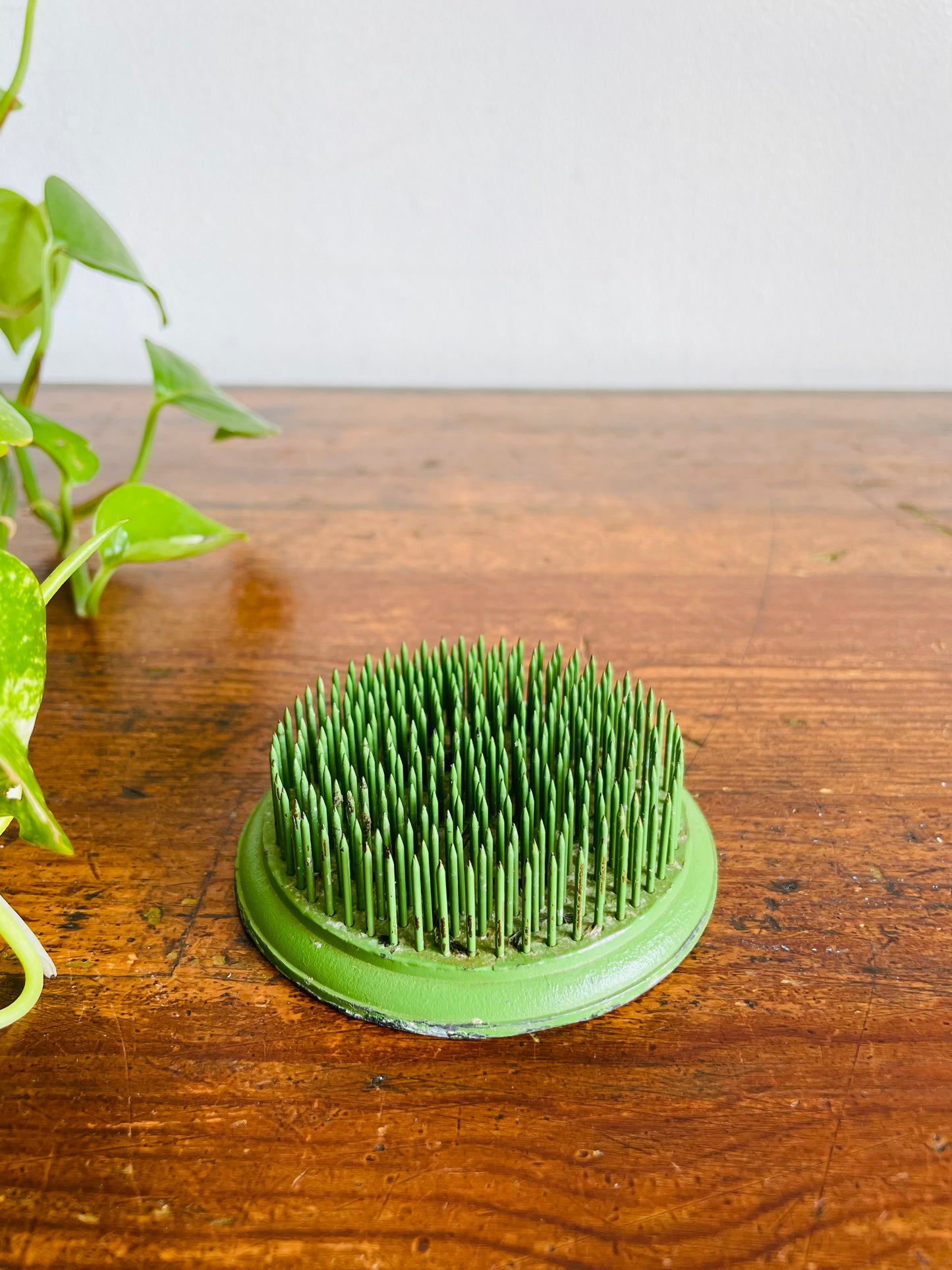 Round Green Metal Spiked Flower Frog - Ikebana Vase Style - Also Holds Pictures, Memos, Etc.