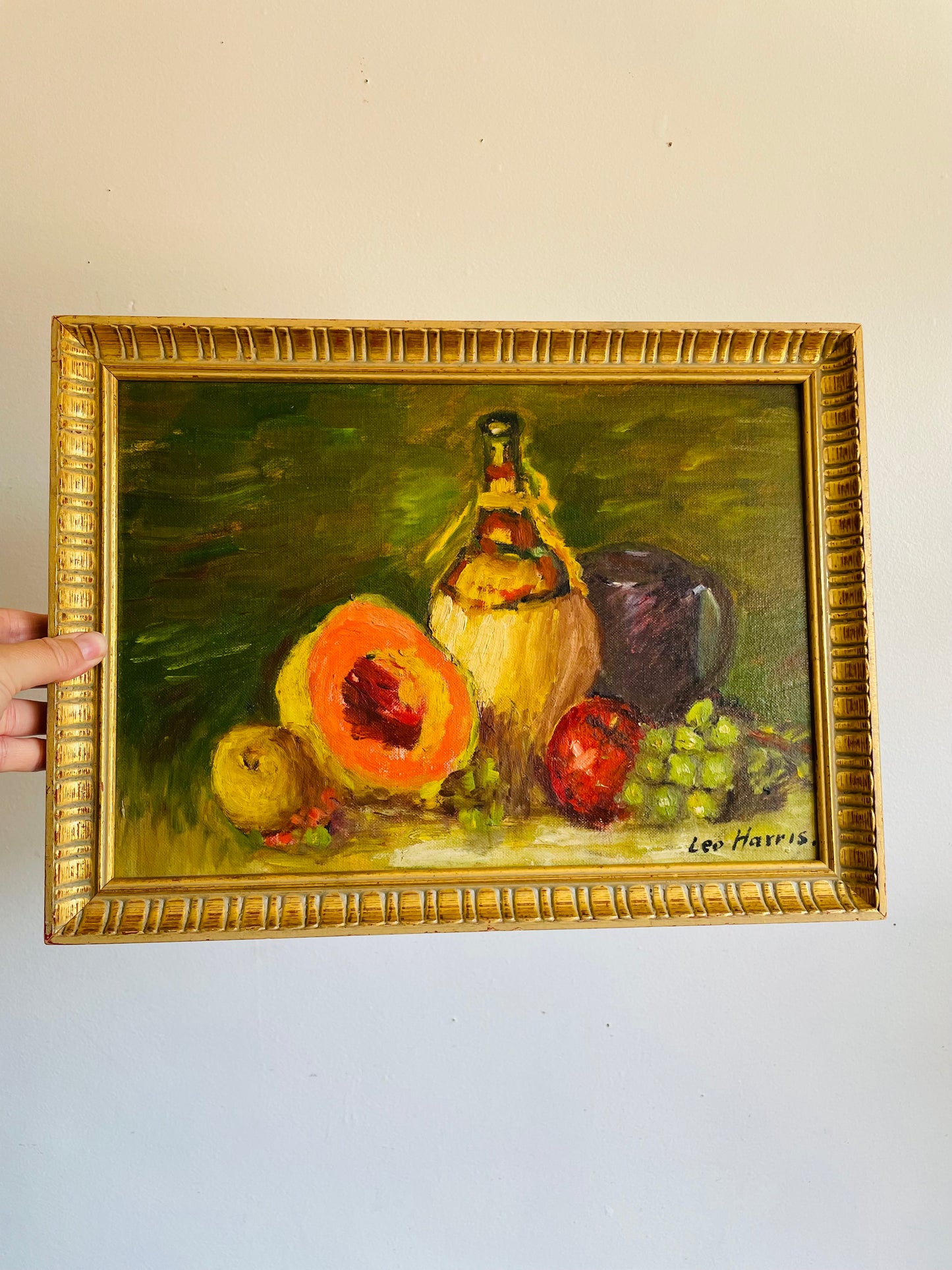 Vintage Original Art Painting of Still Life Scene with Cantaloupe, Other Fruit & Wine Jug - Signed Leo Harris