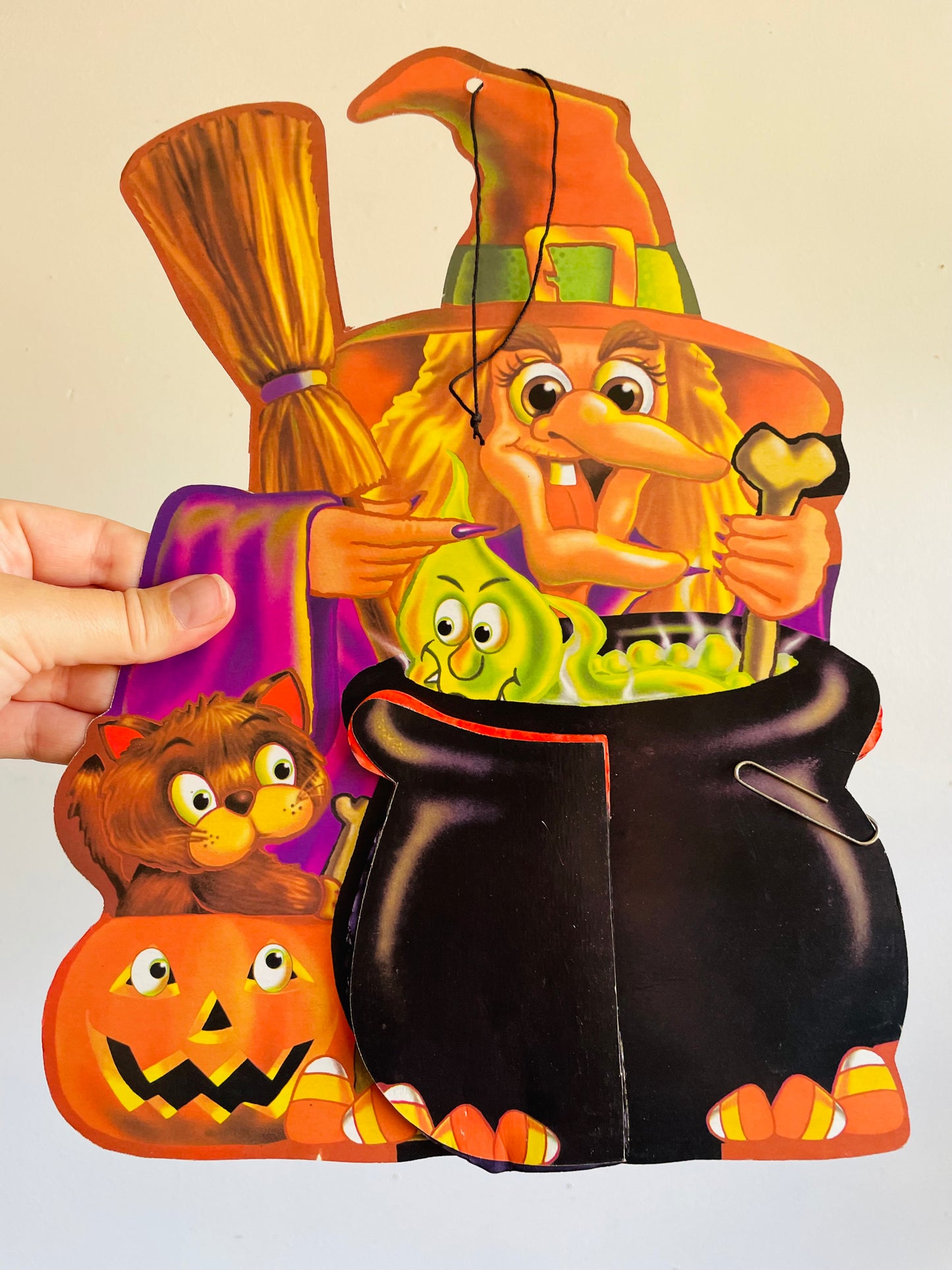 Vintage Cardboard & Tissue Honeycomb Halloween Decoration with Witch & Cauldron #1