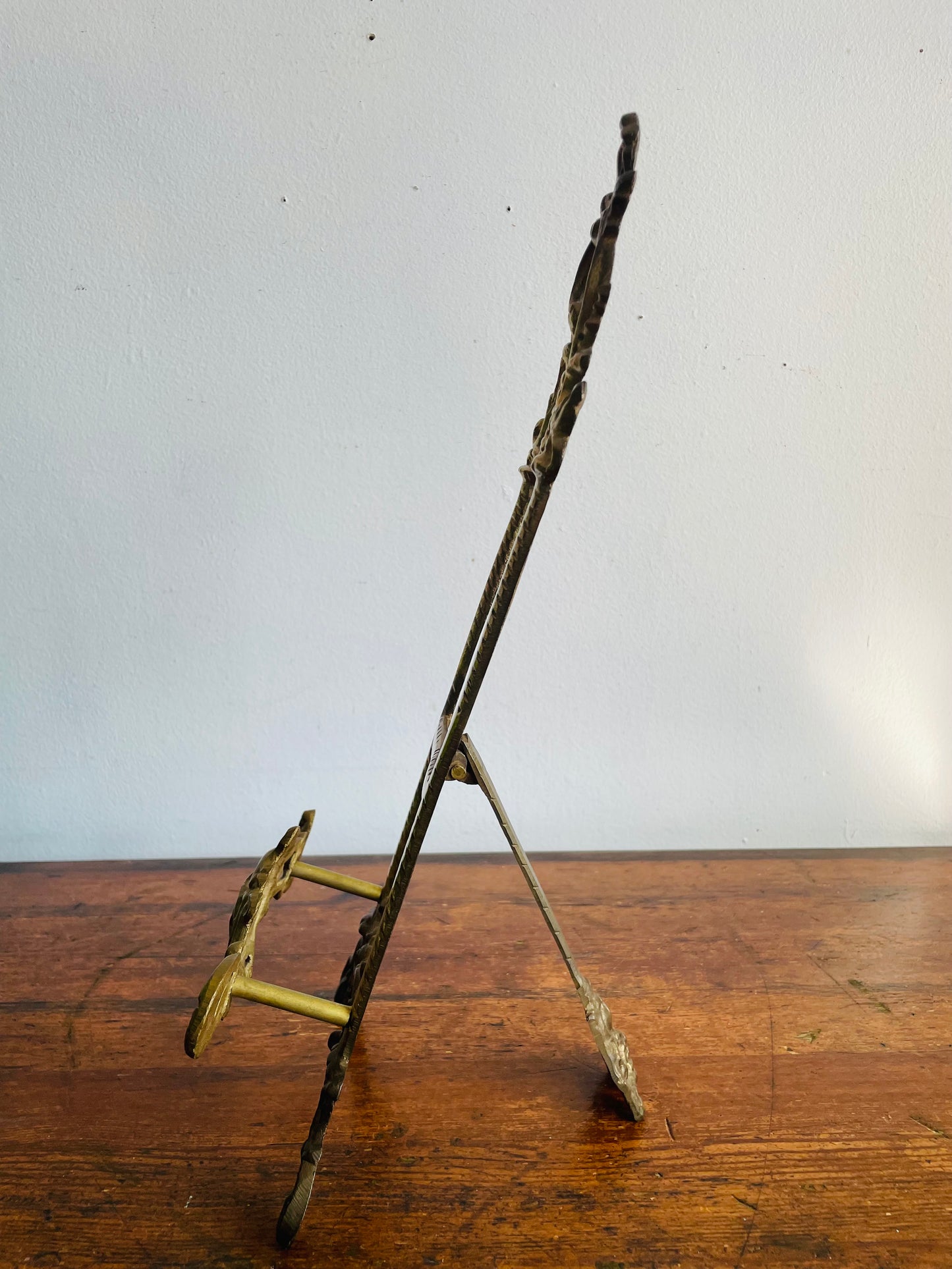 Vintage 14" Tall Brass Tabletop Display Easel with Ornate Scroll & Floral Design