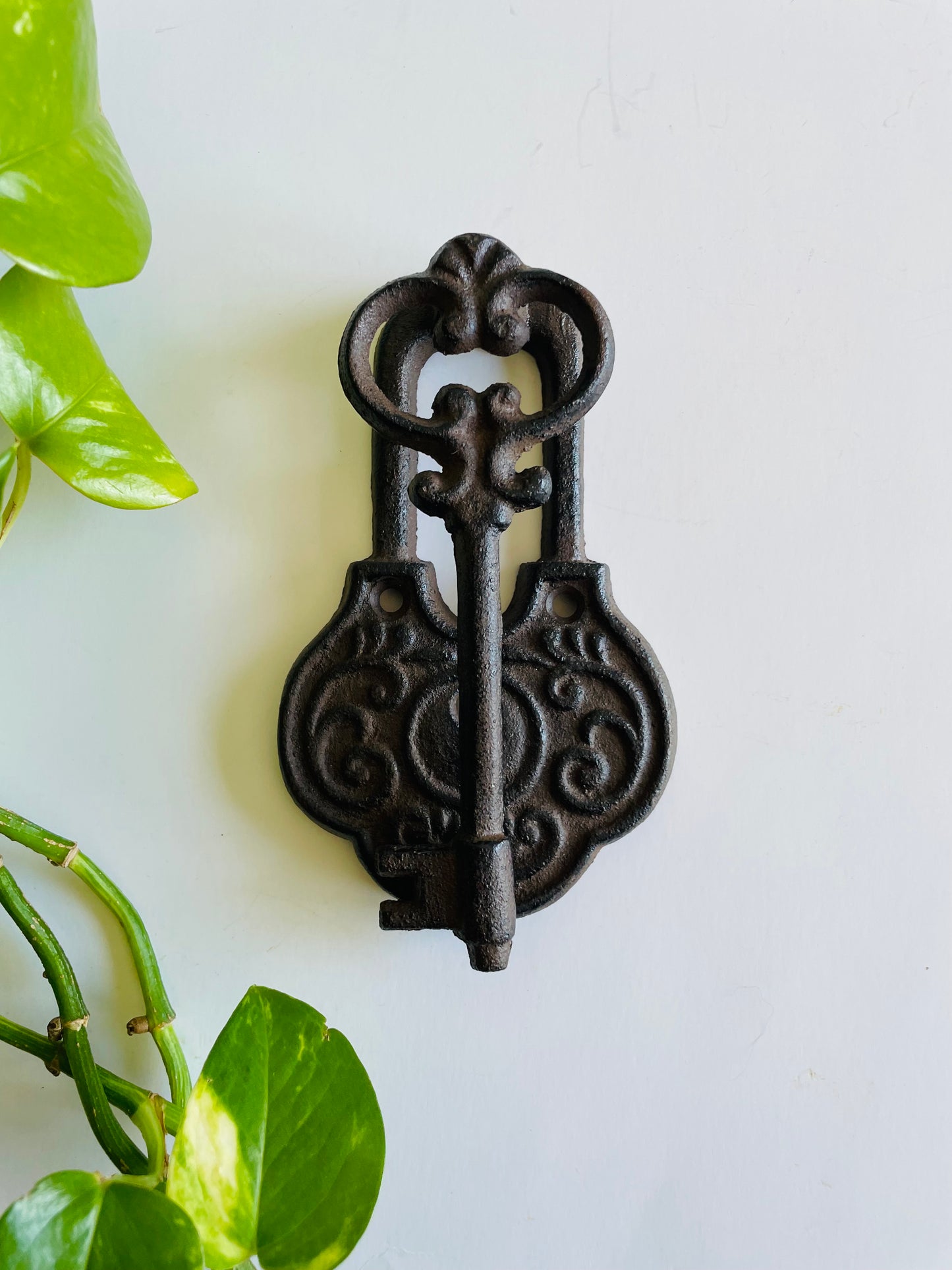 Cast Iron Door Knocker Shaped Like an Ornate Lock & Skeleton Key