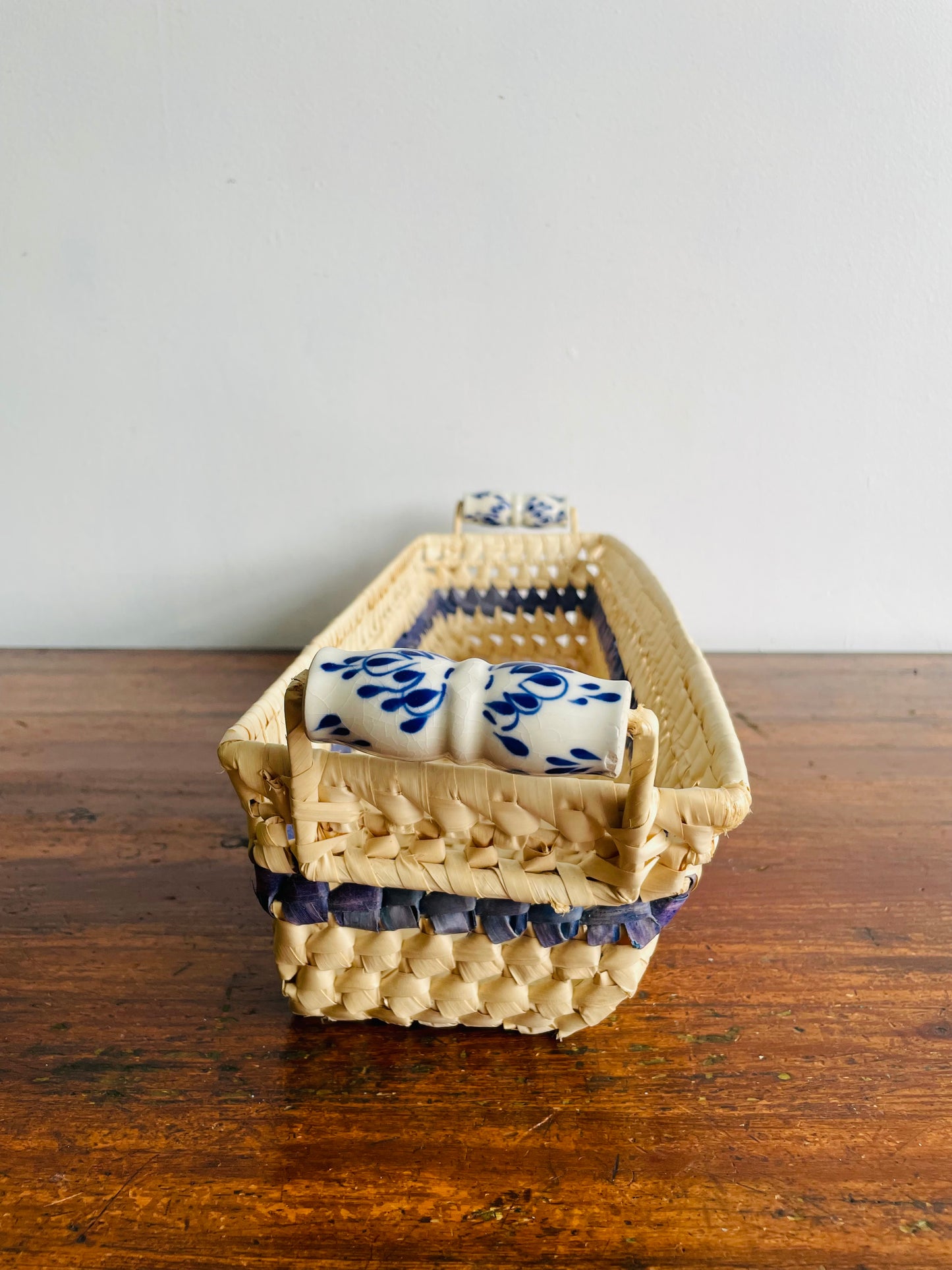 Light Woven Basket with Blue Stripe & Ceramic Handles