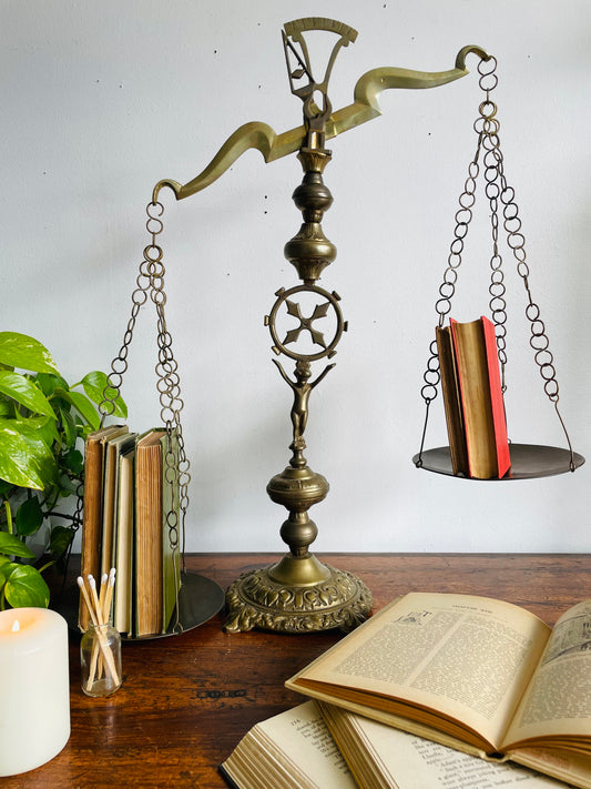 Vintage 25" Tall Ornate Brass Balance Scale with Cherub - Scales of Justice - FOR SHIPPING PLEASE READ SPECIAL INSTRUCTIONS