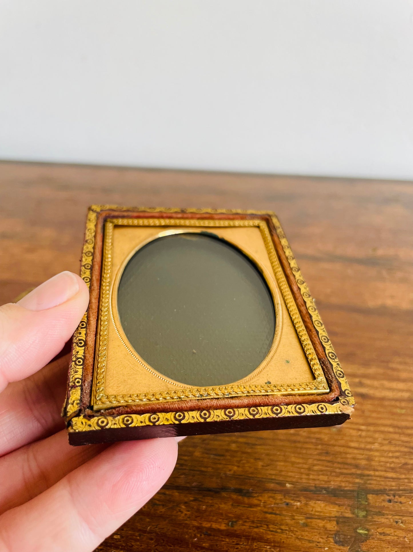 Antique 1800s Ambrotype or Daguerreotype Tooled Leather & Brass Photo Frame Case