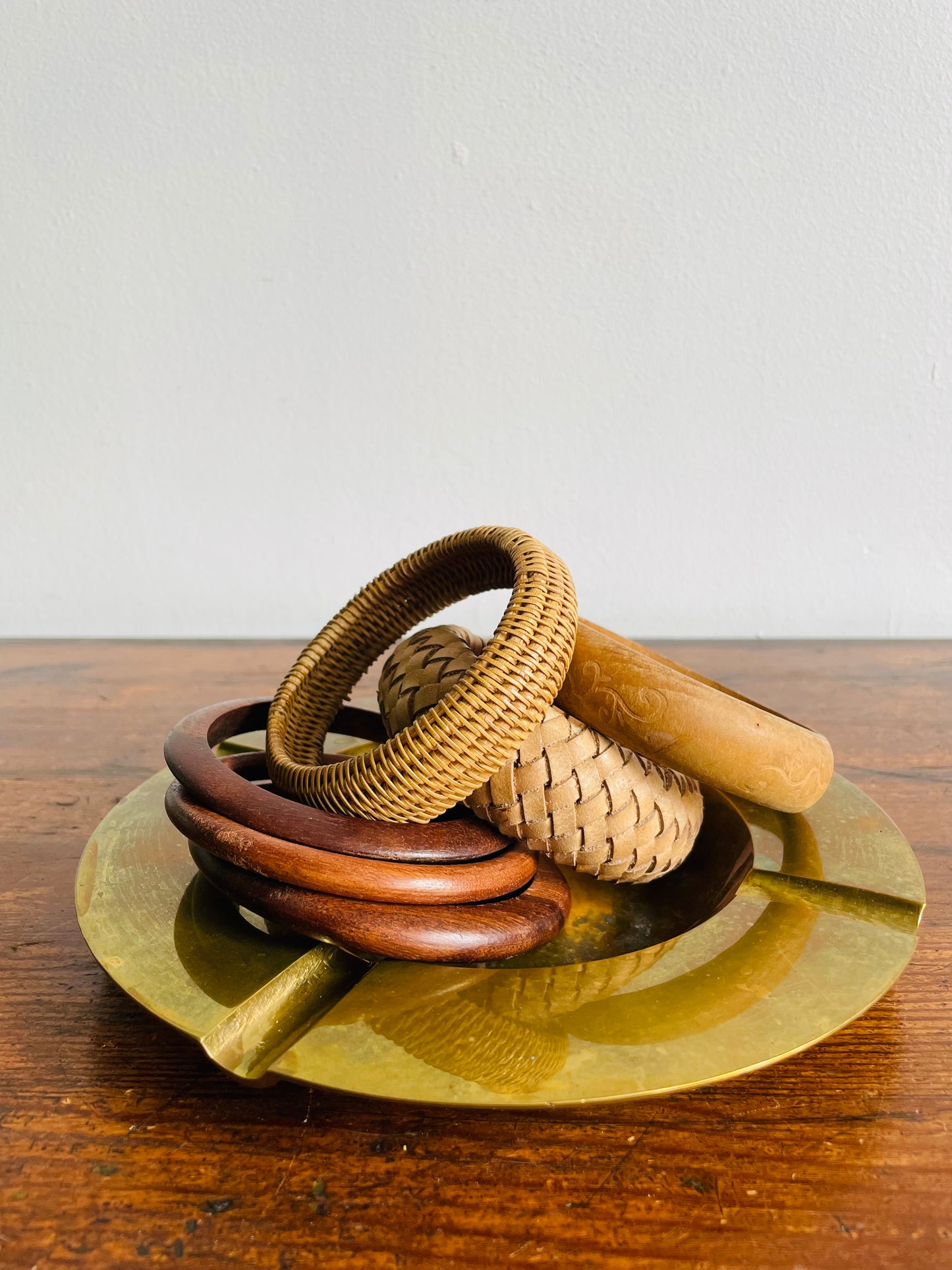 Solid Wood Bangle Bracelet with Etched Flower & Leaf Design