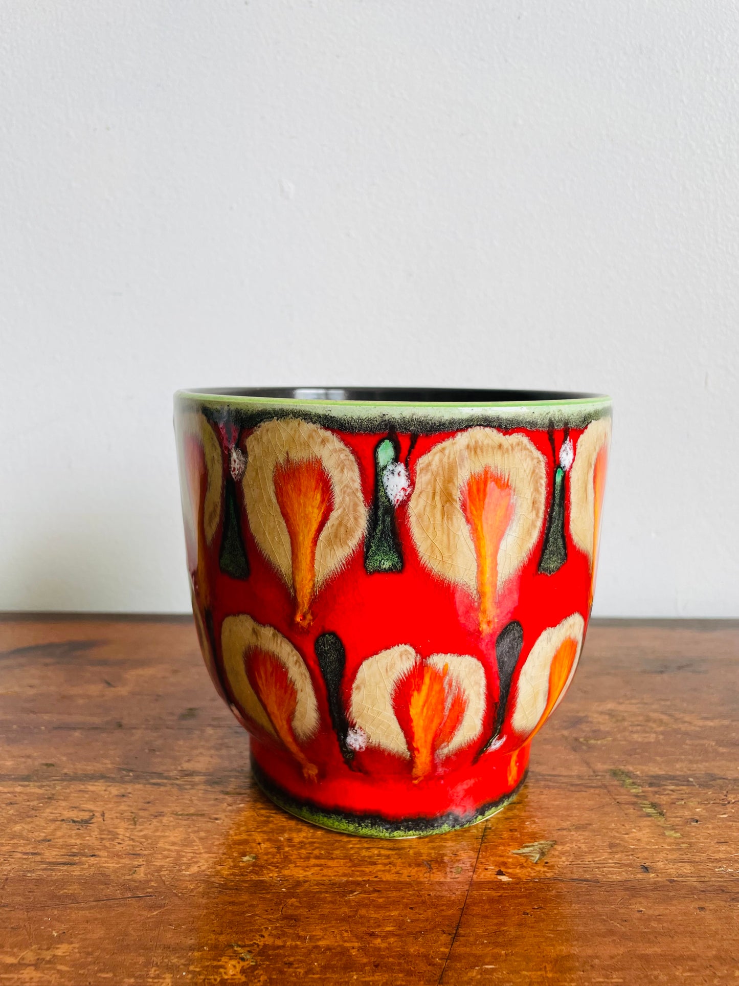 Vintage Bright Red 5" Planter Pot with Orange & Brown Drippy Design