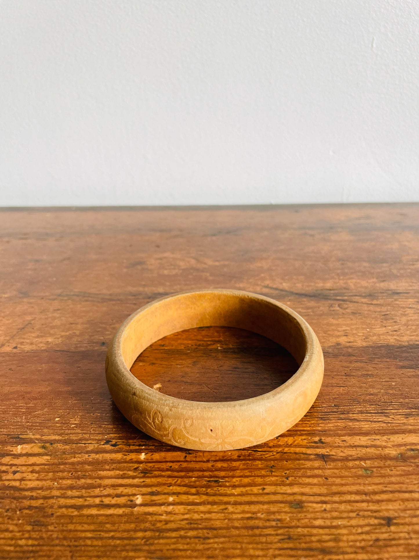 Solid Wood Bangle Bracelet with Etched Flower & Leaf Design