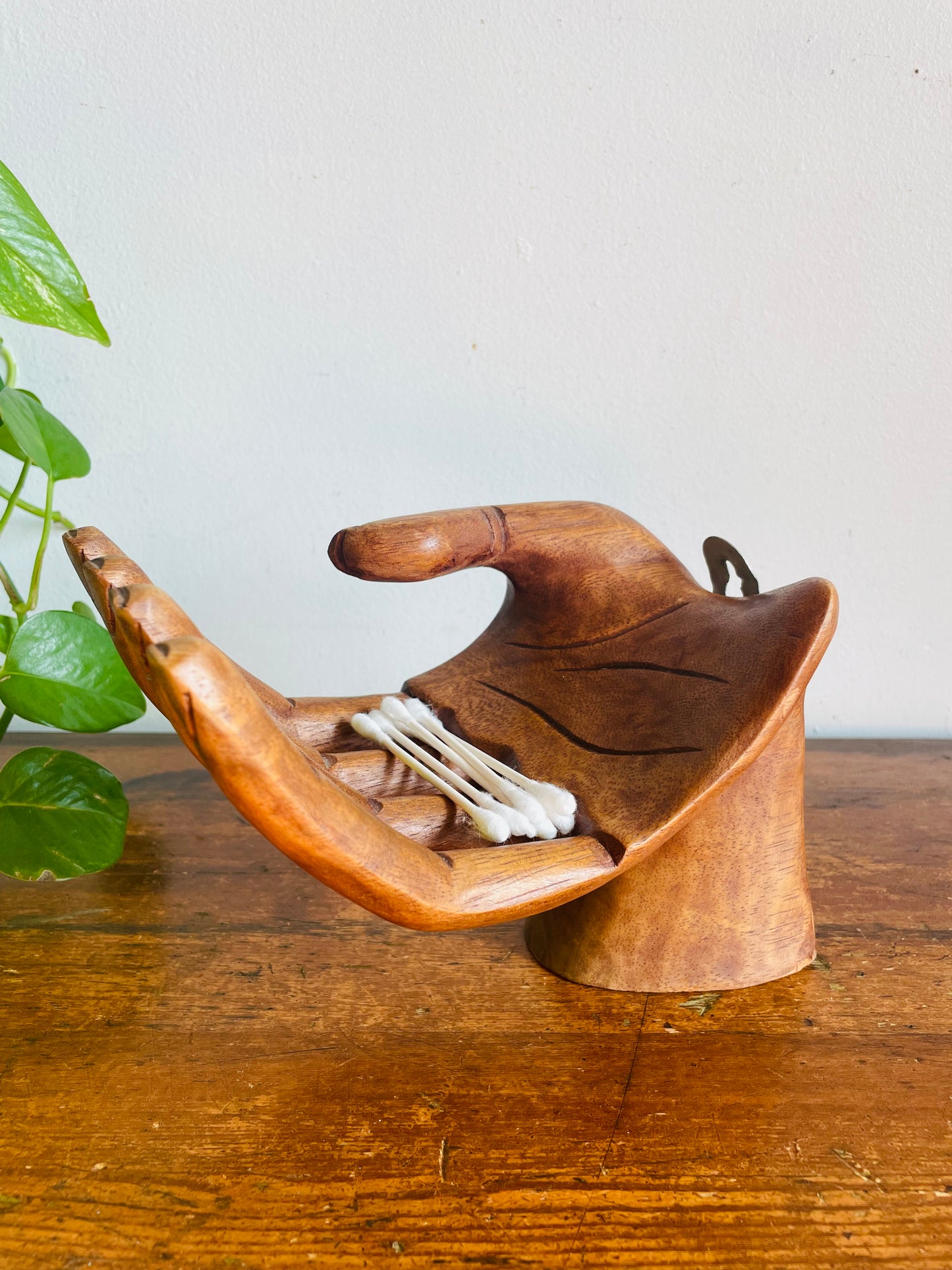 Vintage Large Carved Wood Right Hand - Can Stand or Hang on Wall - Fingers Curve to Hold Objects - Air Plant, Toilet Paper Roll, Business Cards, Etc.