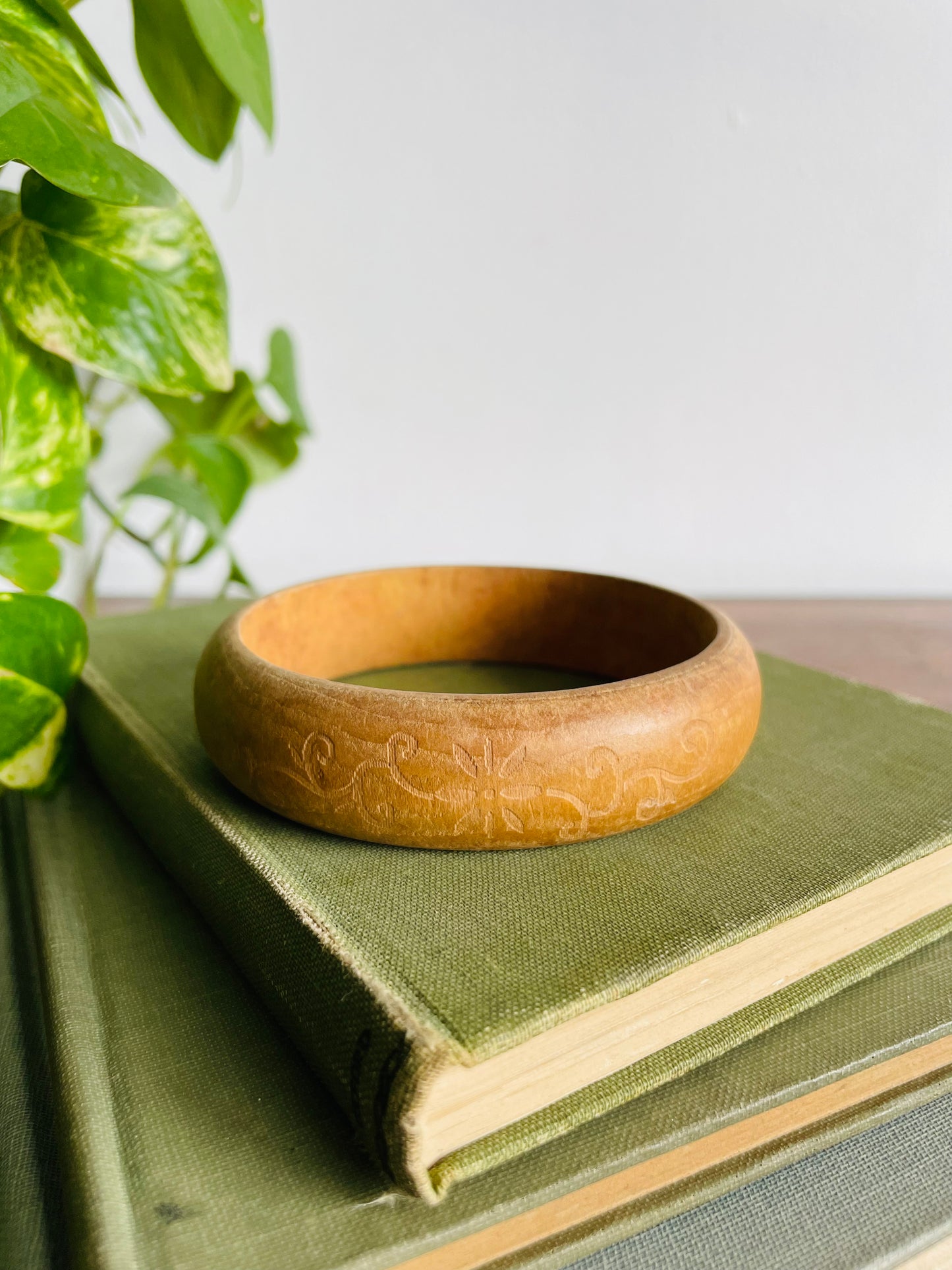 Solid Wood Bangle Bracelet with Etched Flower & Leaf Design