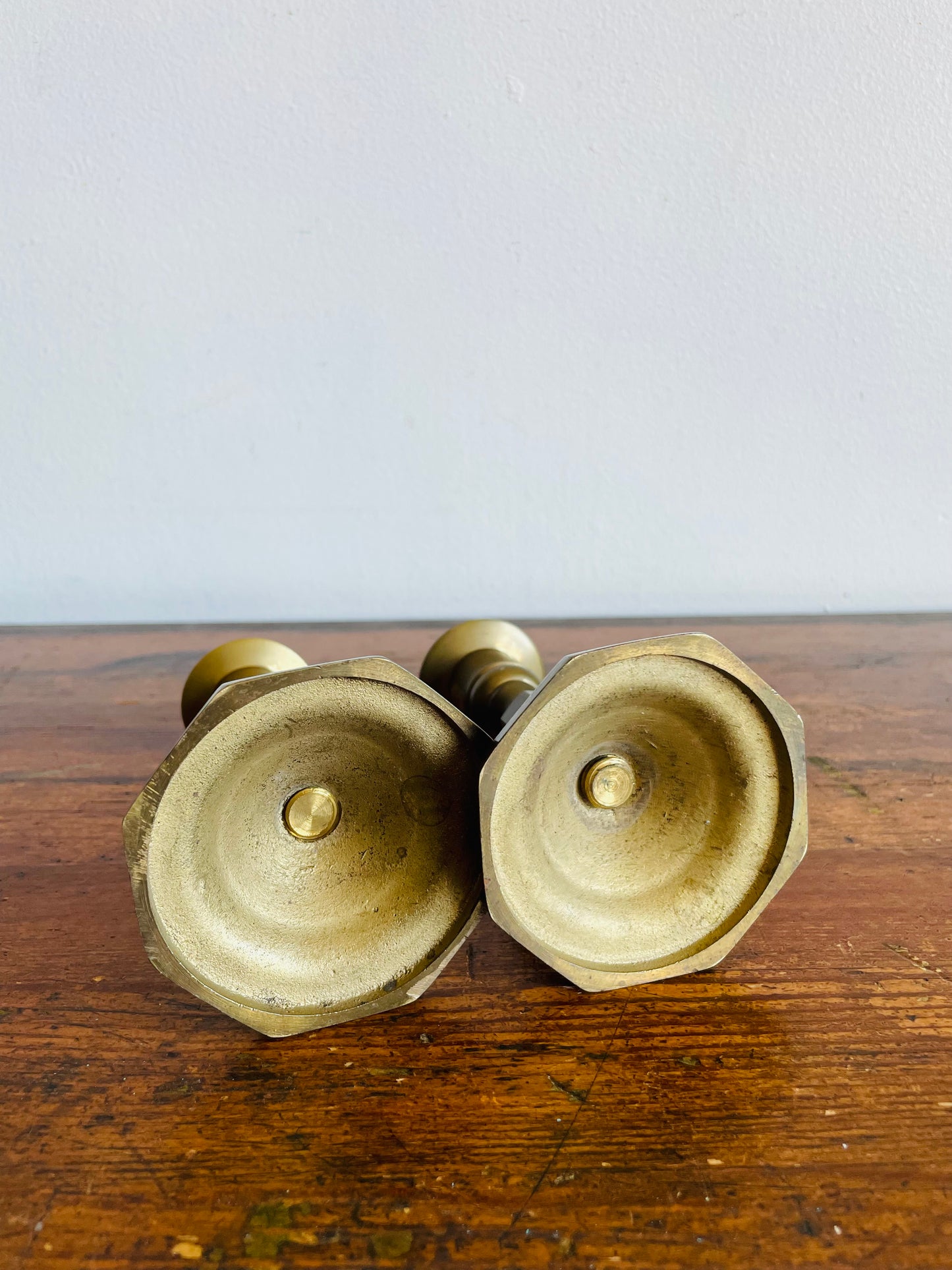 Vintage Solid Brass Candle Holders with Octagonal Base - Set of 2