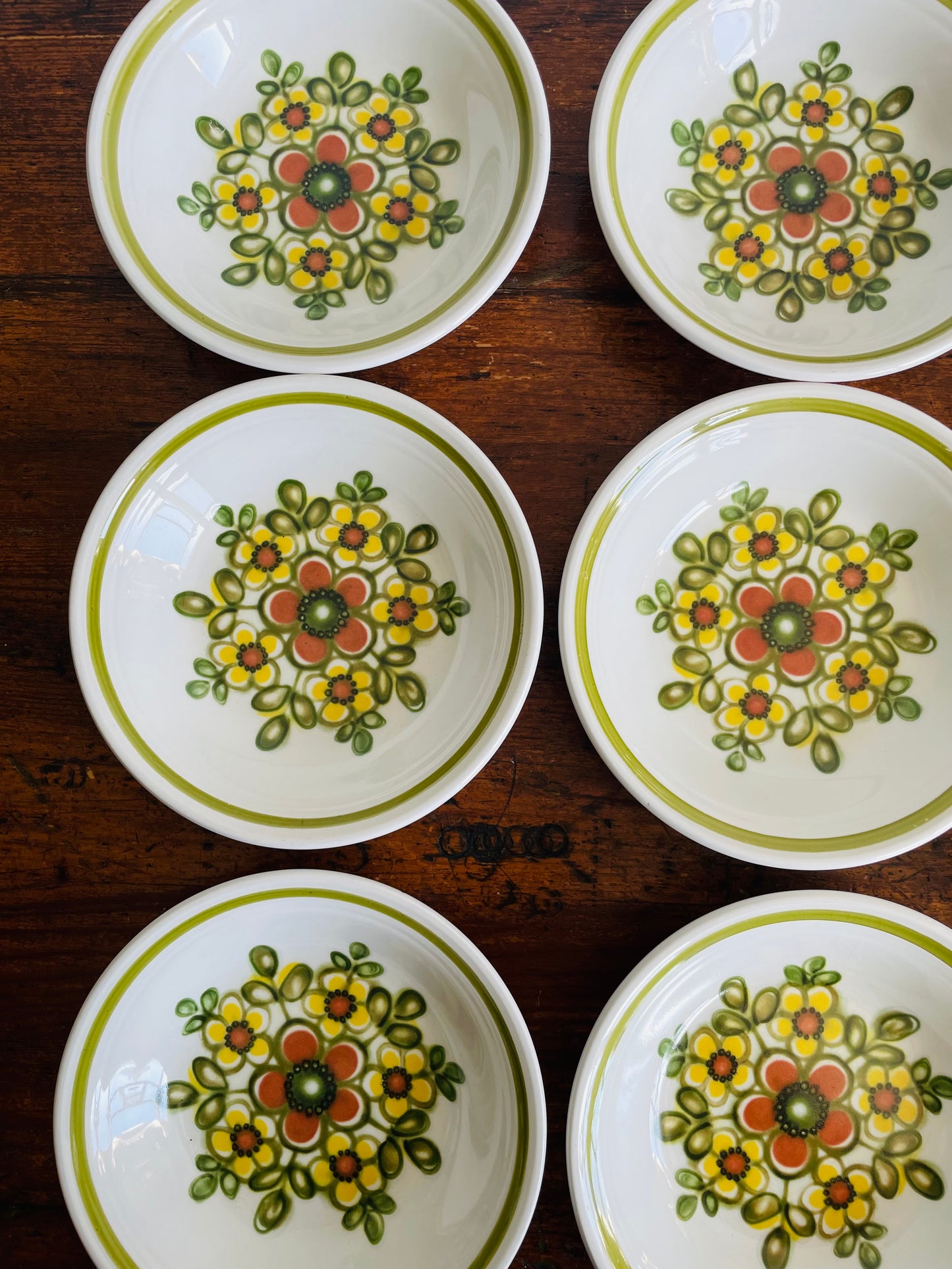 Vintage 5.5" Shallow Snack Bowls with Groovy Orange, Yellow & Green Flower Power Pattern - Mirage Ironstone Ware by Myott - Set of 8 - Made in England