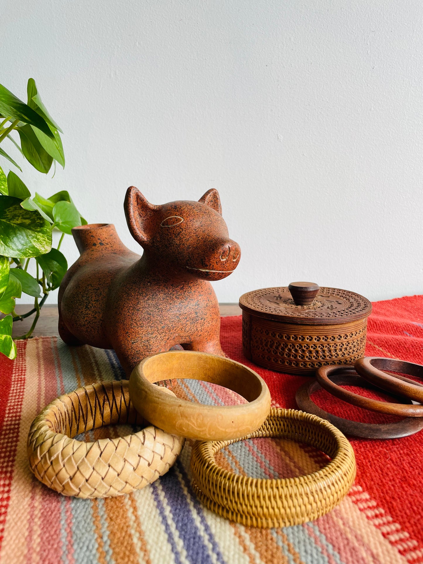 Solid Wood Bangle Bracelet with Etched Flower & Leaf Design