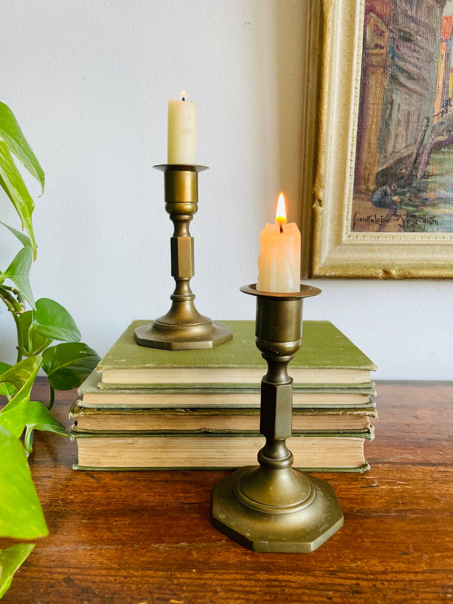 Vintage Solid Brass Candle Holders with Octagonal Base - Set of 2
