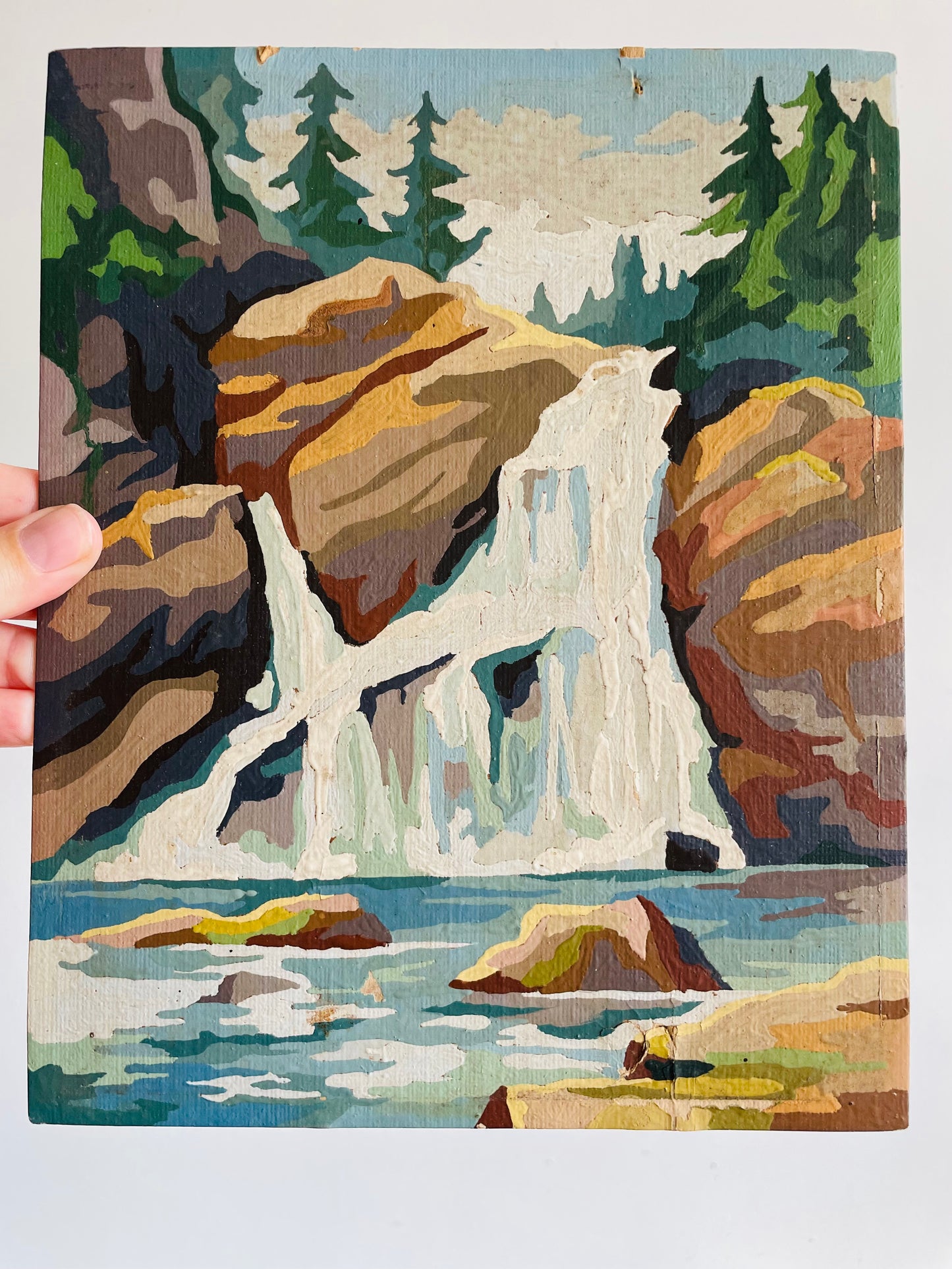 Vintage 1960s Paint by Number (PBN) Picture on Board of Waterfall in Forest - 8" x 10"