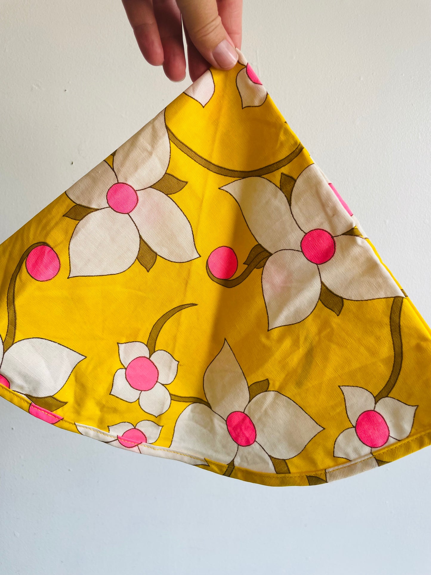 Groovy Yellow Fabric Triangle Pouch Holder or Hat with White & Pink Flower Design - Solve the Mystery of What This Is!