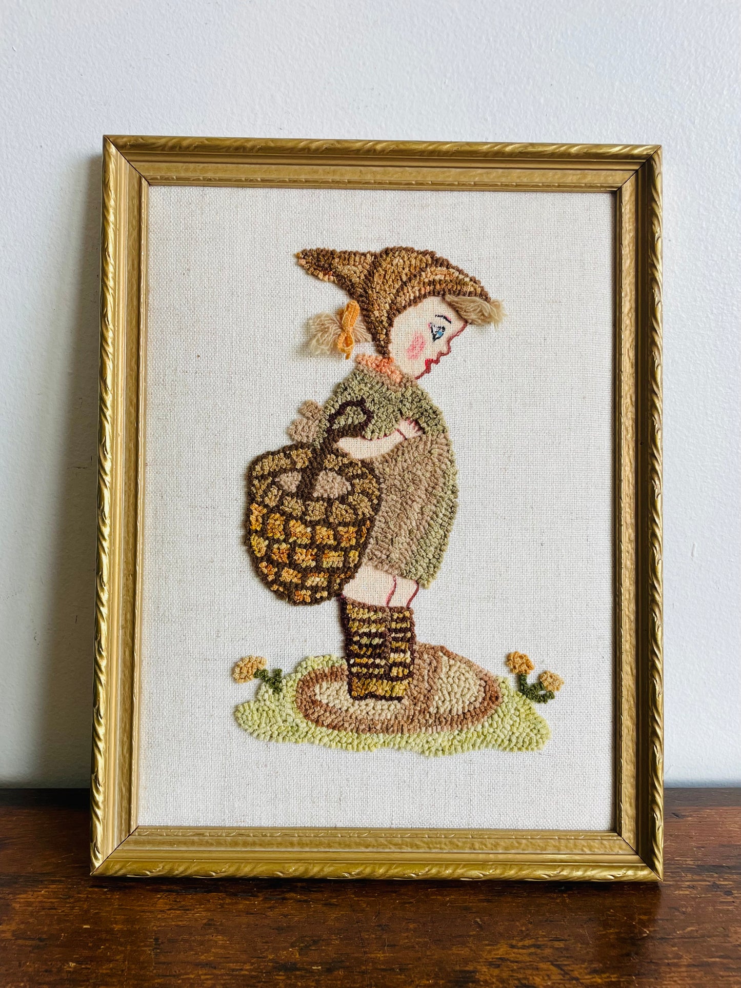 Woodland Forager Girl Rug Hook Embroidery Picture - October 1979