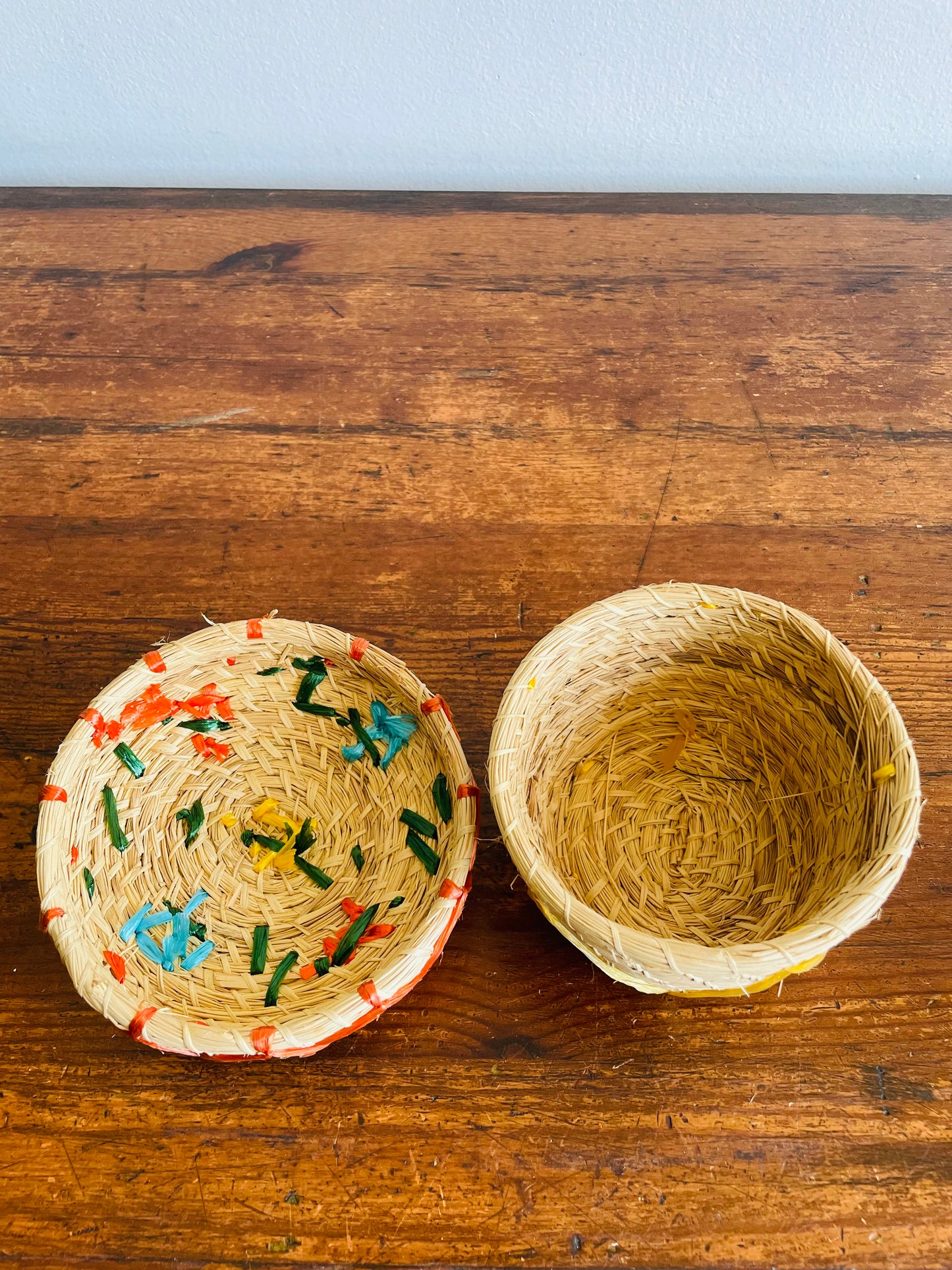 Mini Round Woven Straw Basket with Raffia Flower Design