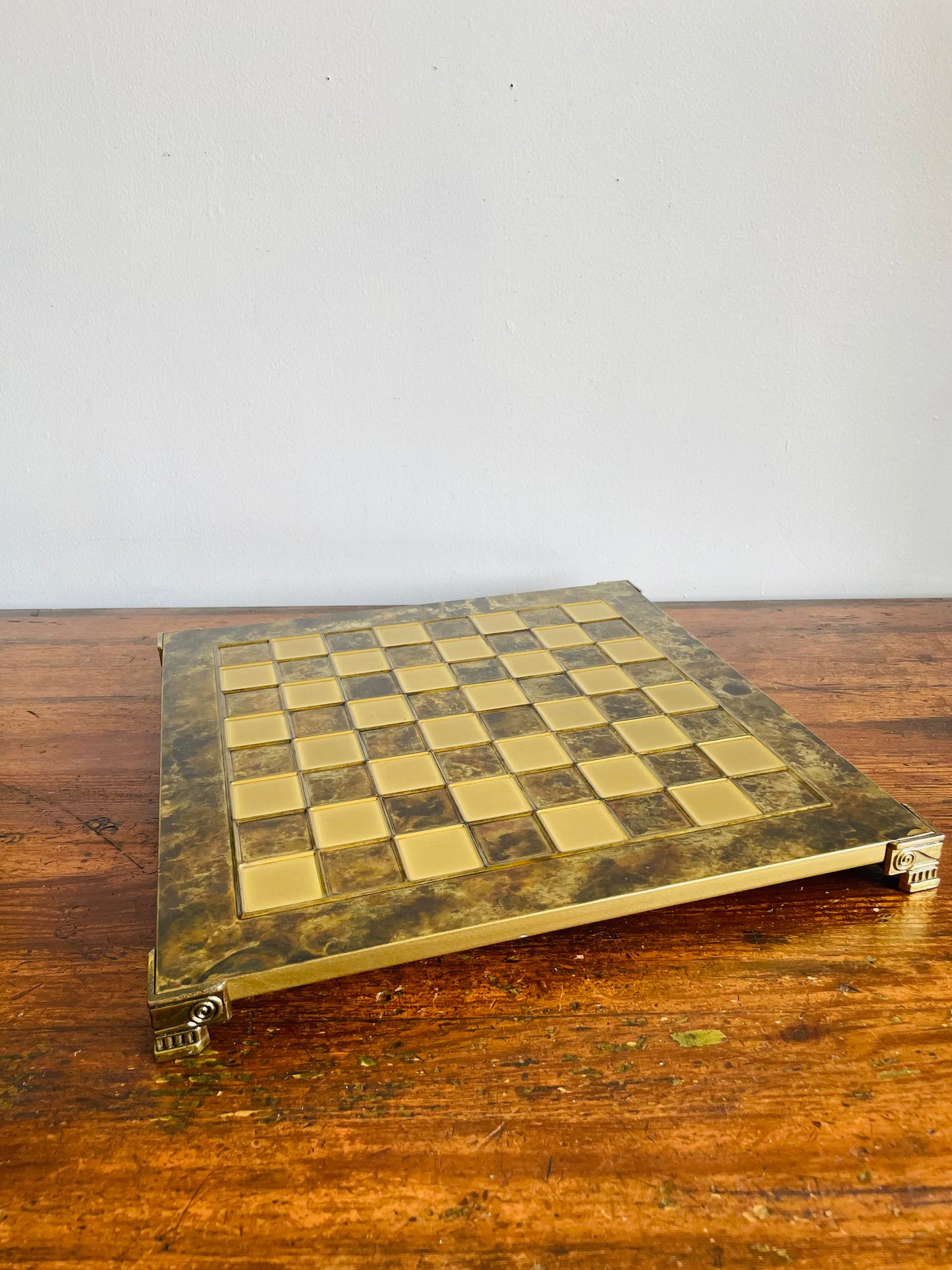 Footed Solid Brass Chessboard with Marbled Design - Great for a Game, Staging, Tray, Background, Etc.