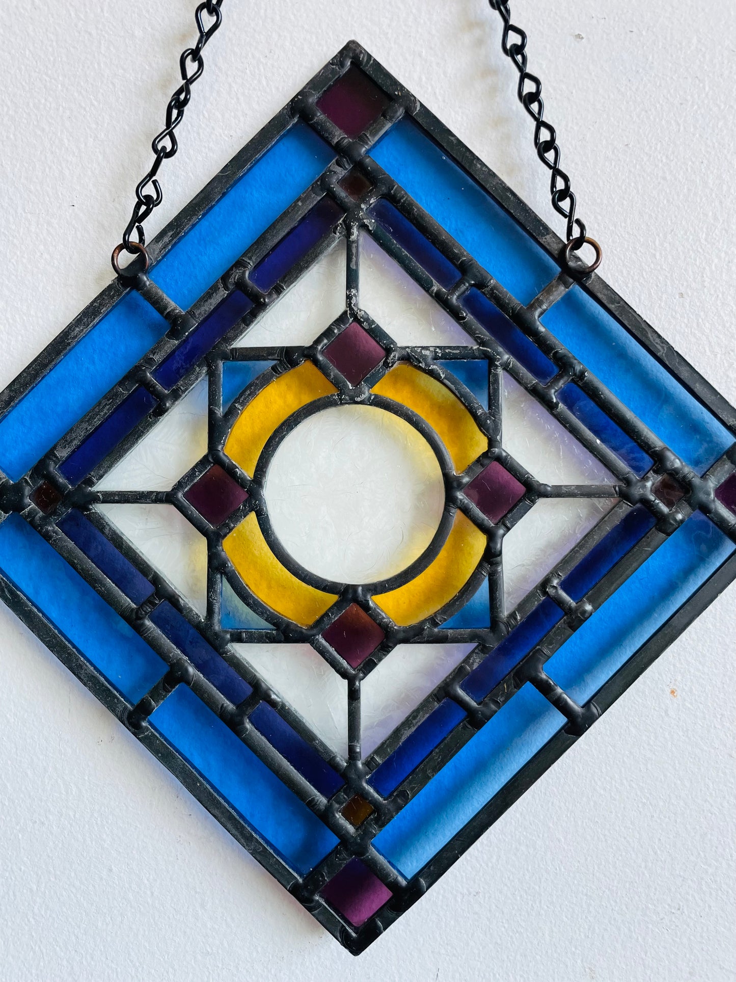 Vintage Hanging Blue, Purple & Yellow Stained Glass Suncatcher Window Decor
