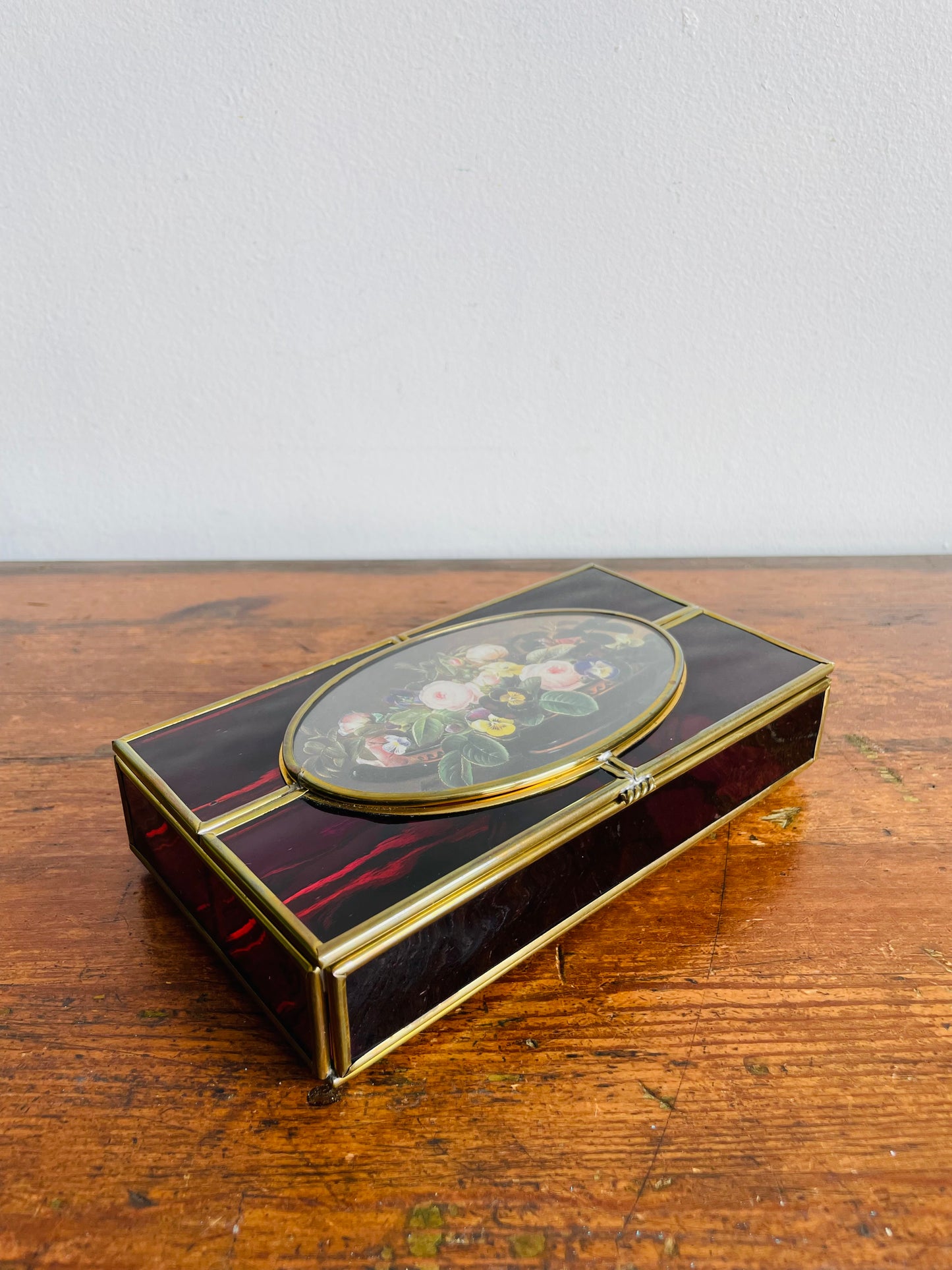 Enesco Corporation Purple Glass & Brass Divided Sectional Jewellery Box with Flower Lid - Made in Mexico