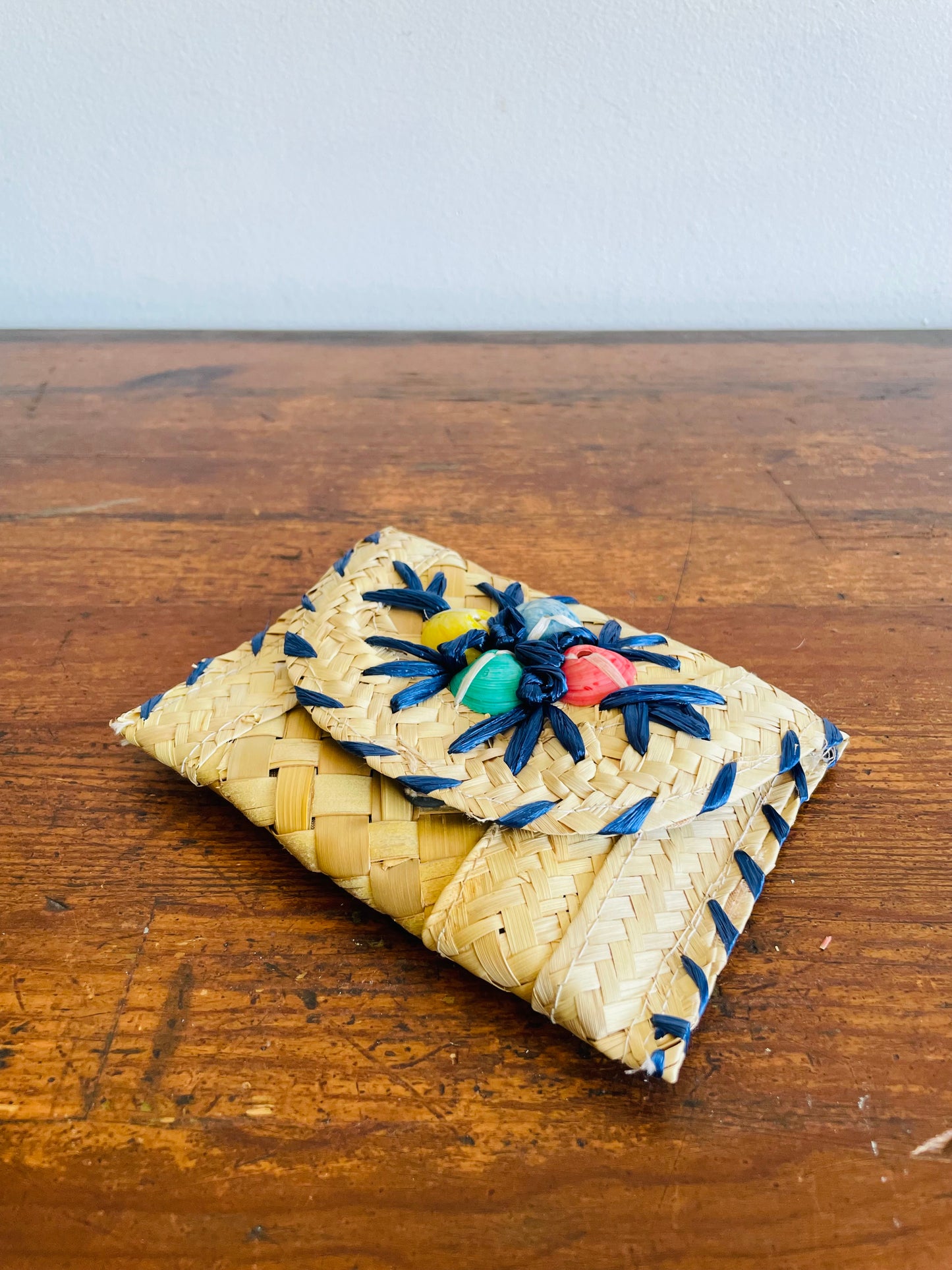 Woven Straw Wallet Pouch with Raffia & Coloured Sea Shells