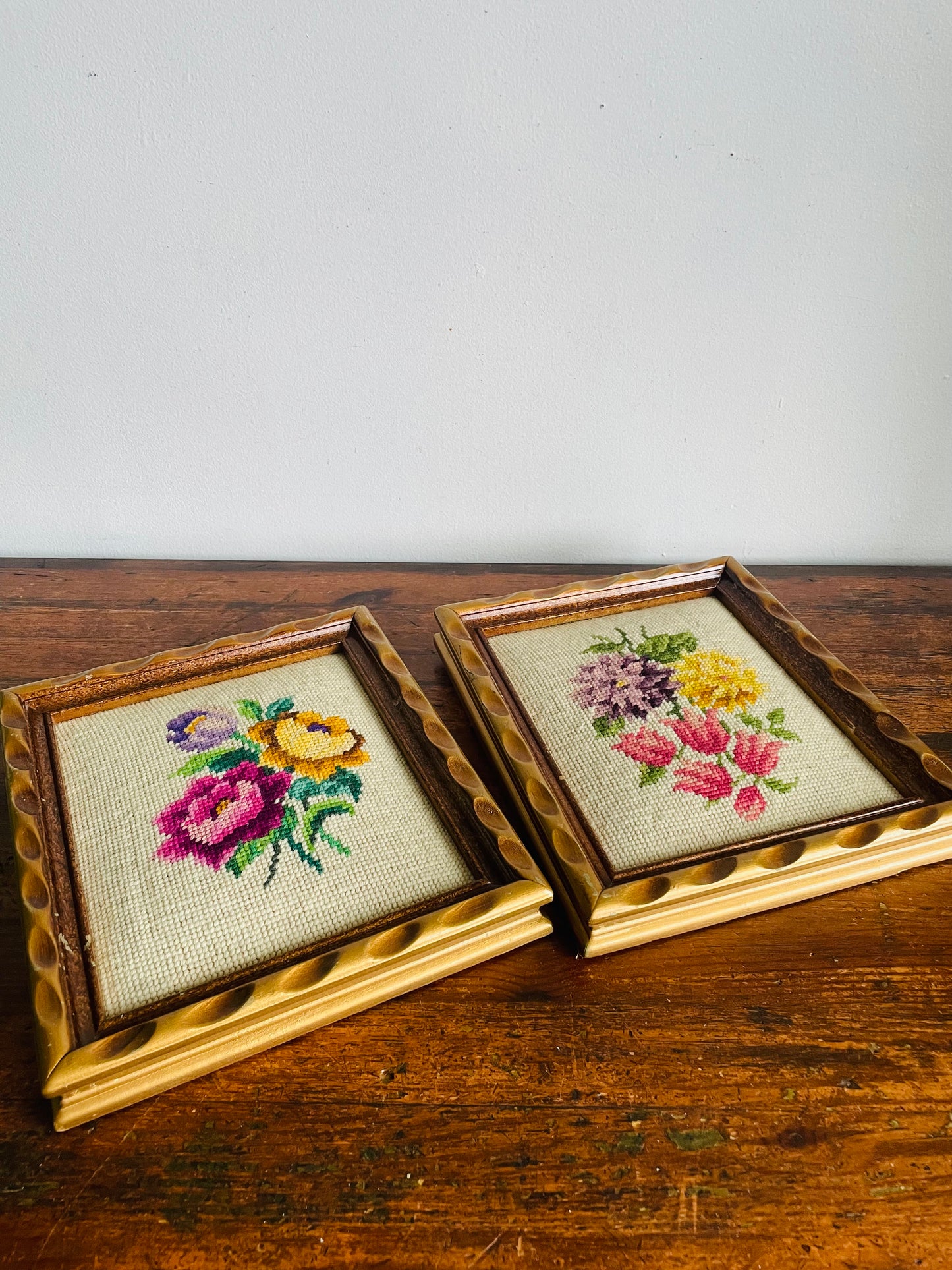 Vintage Floral Needlepoint Embroidery Pictures in Thick Gold Wood Frames - Set of 2