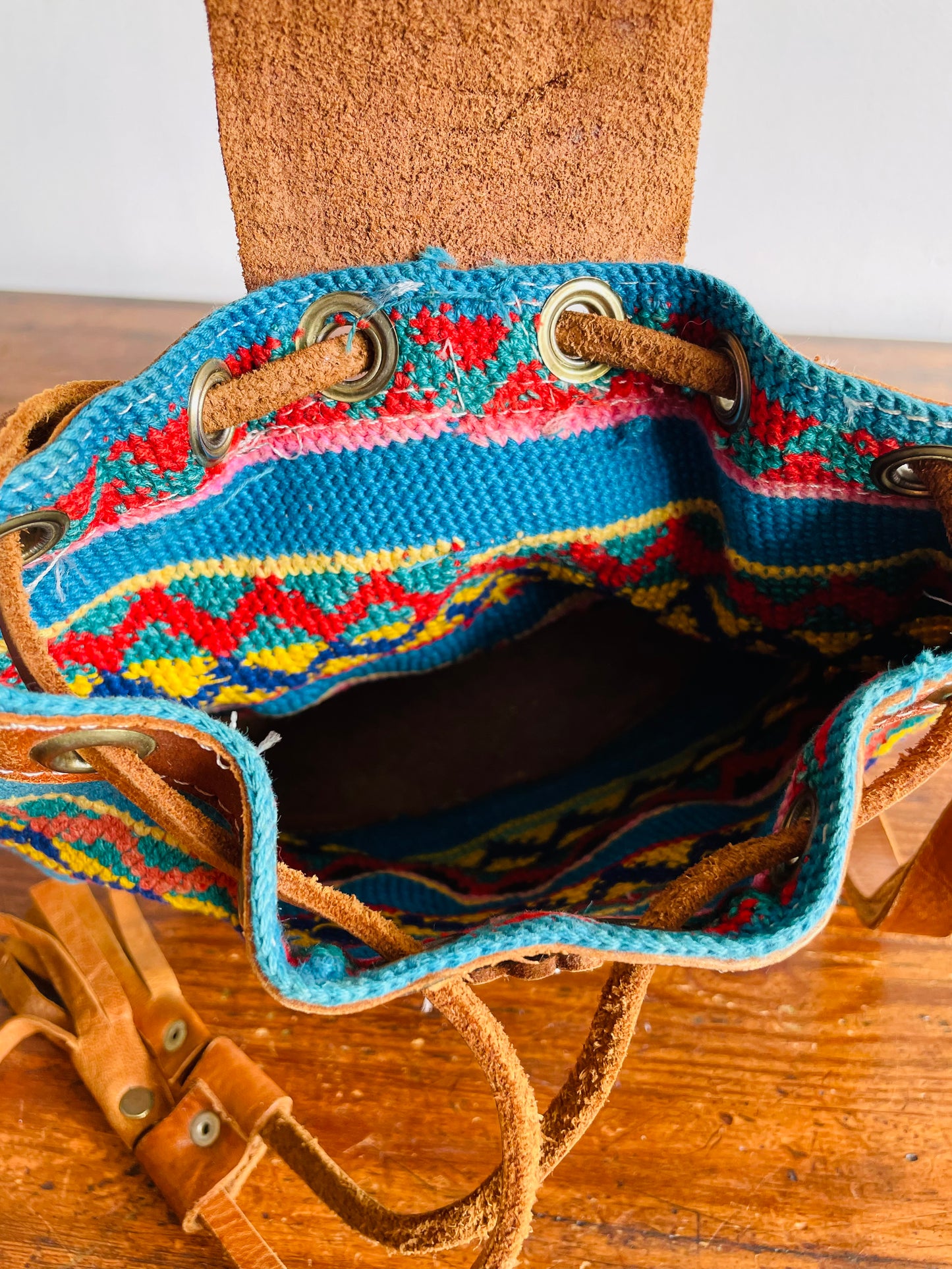 Tooled Leather & Brightly Woven Tapestry Fabric Purse