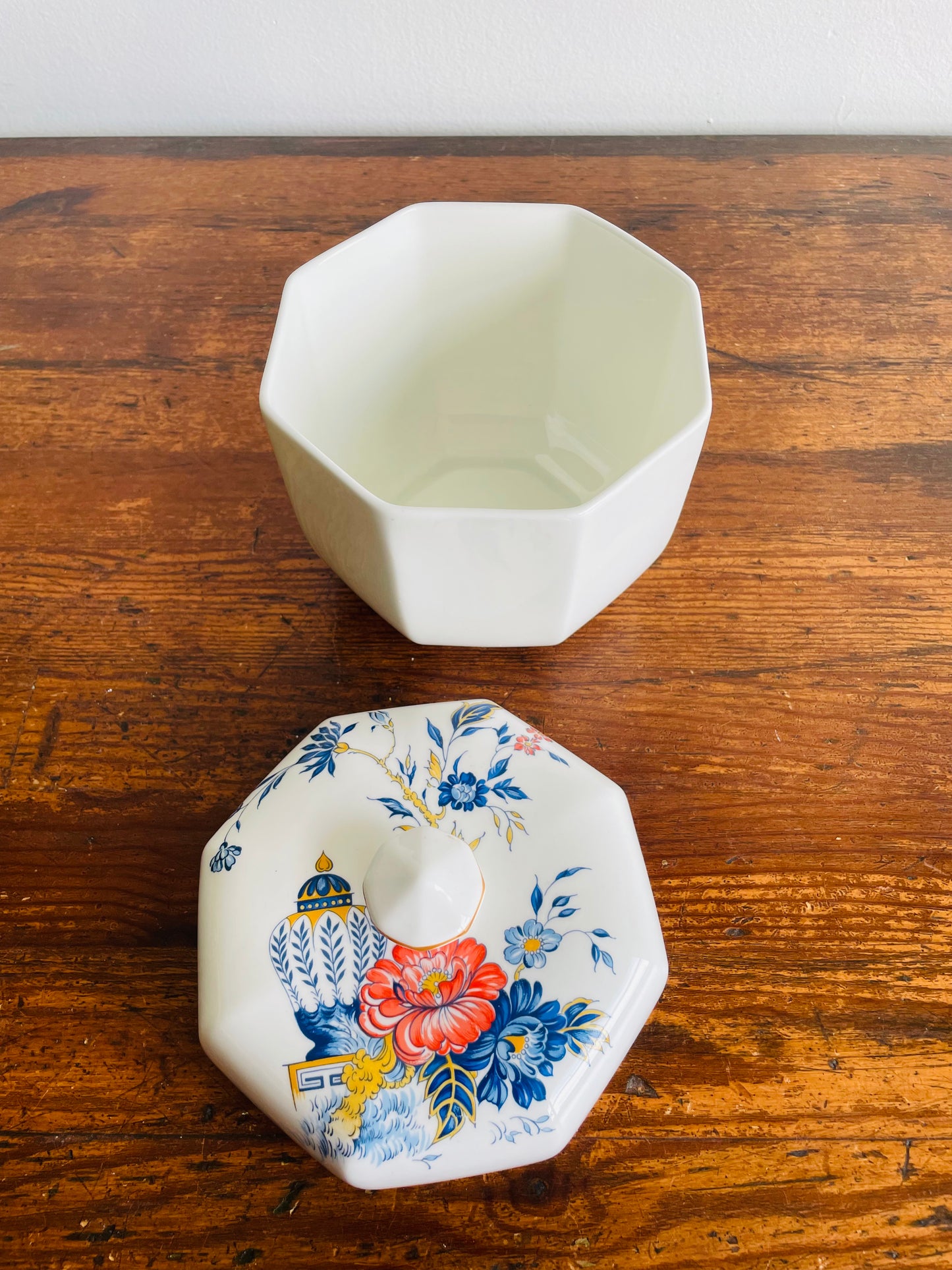 Crown Staffordshire Penang Fine Bone China Octagon Biscuit Canister Jar with Lid