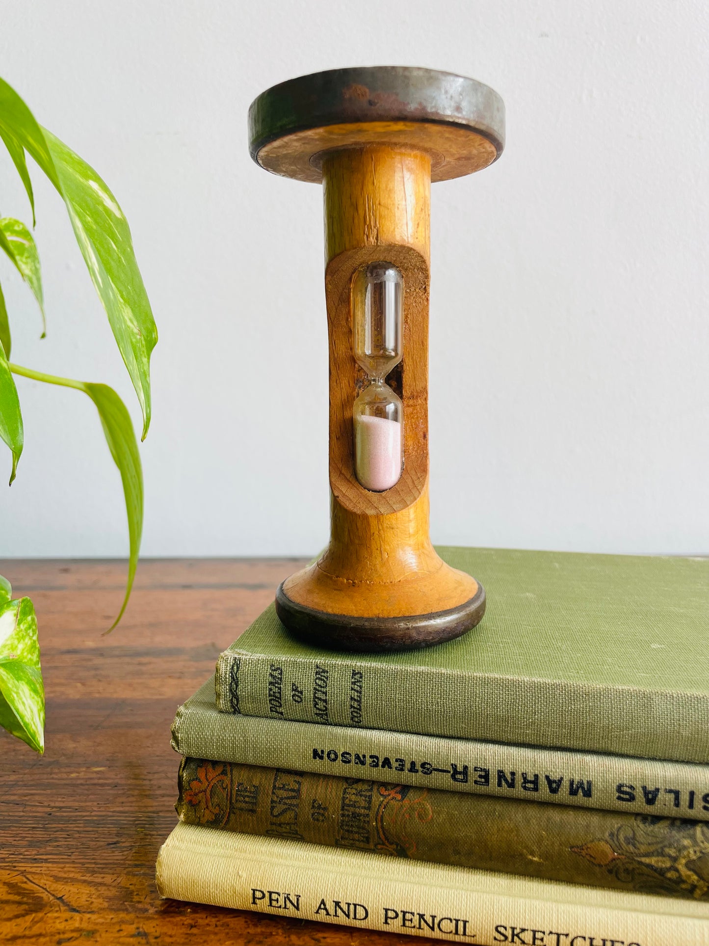 Hourglass Egg Timer Built Into Wood & Metal Bobbin Spool - 3.5 Minutes