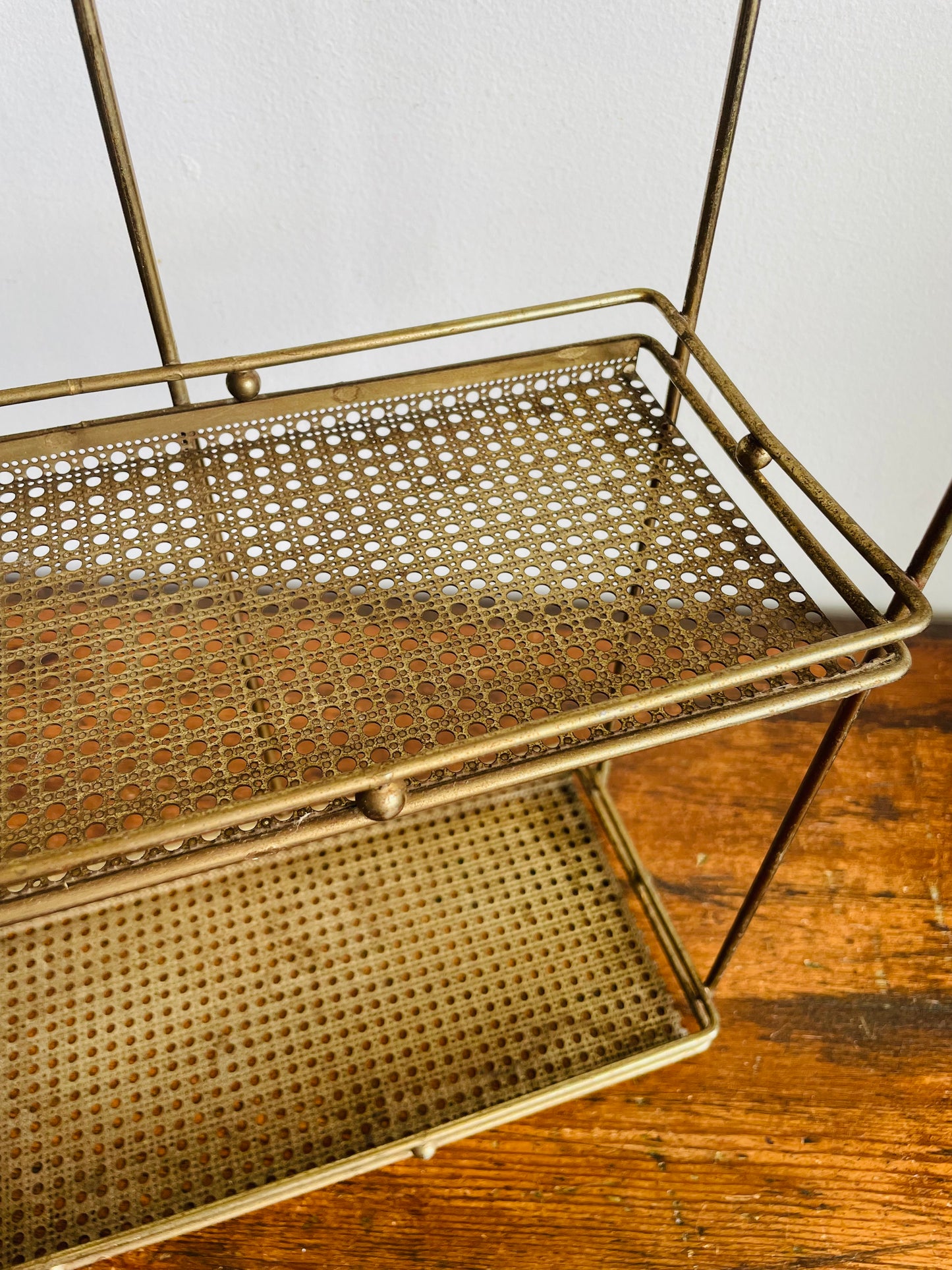 Vintage Gold Toned Metal & Brass Wall Hanging Shelf with Openwork Grill Design & Raised Edges - 3 Shelves- No Shipping