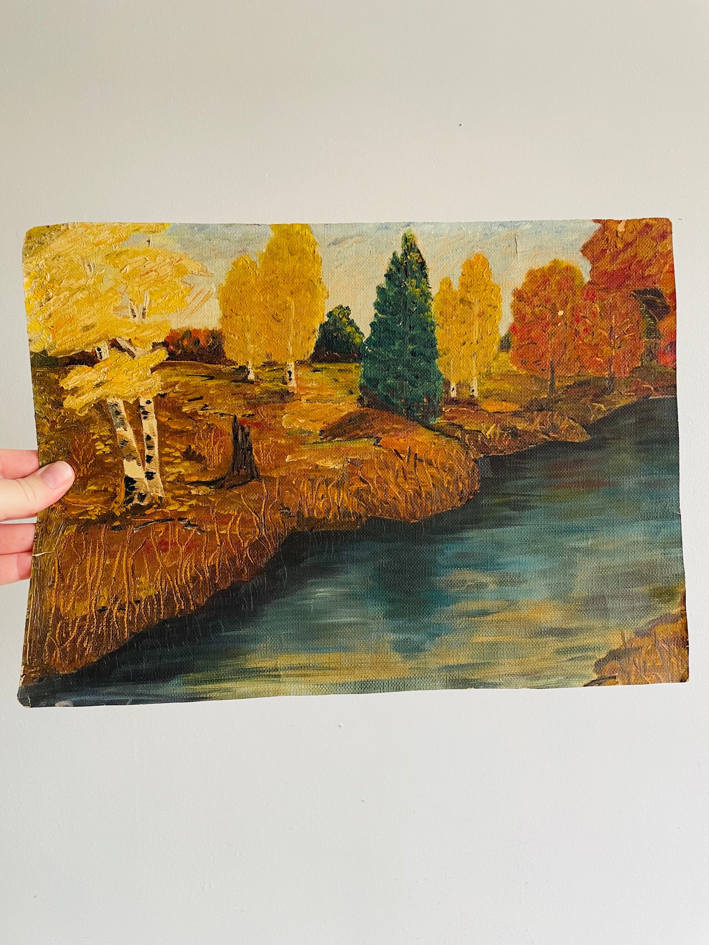 Original Art Painting on Canvas of Forest in Autumn Along River