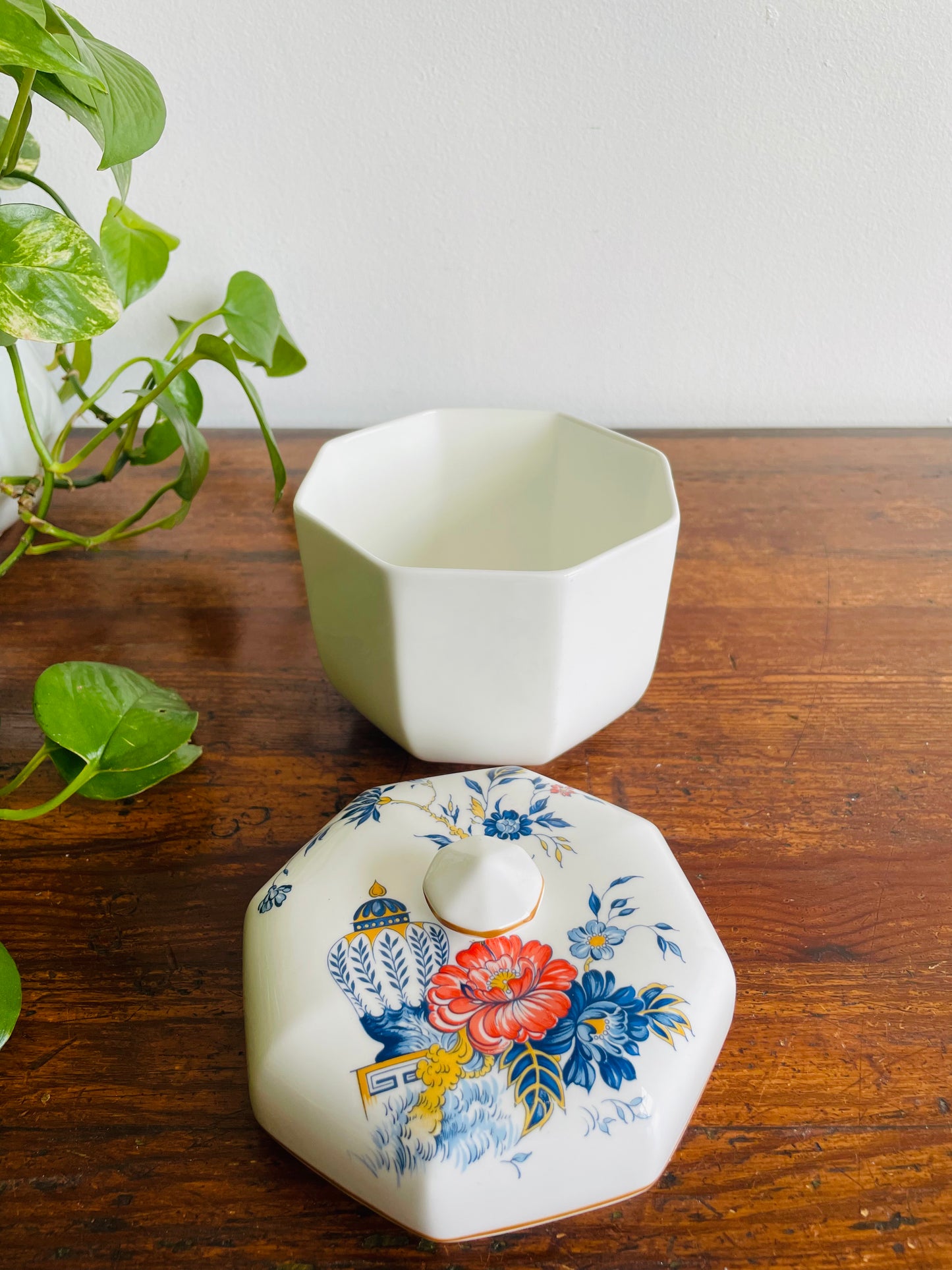 Crown Staffordshire Penang Fine Bone China Octagon Biscuit Canister Jar with Lid