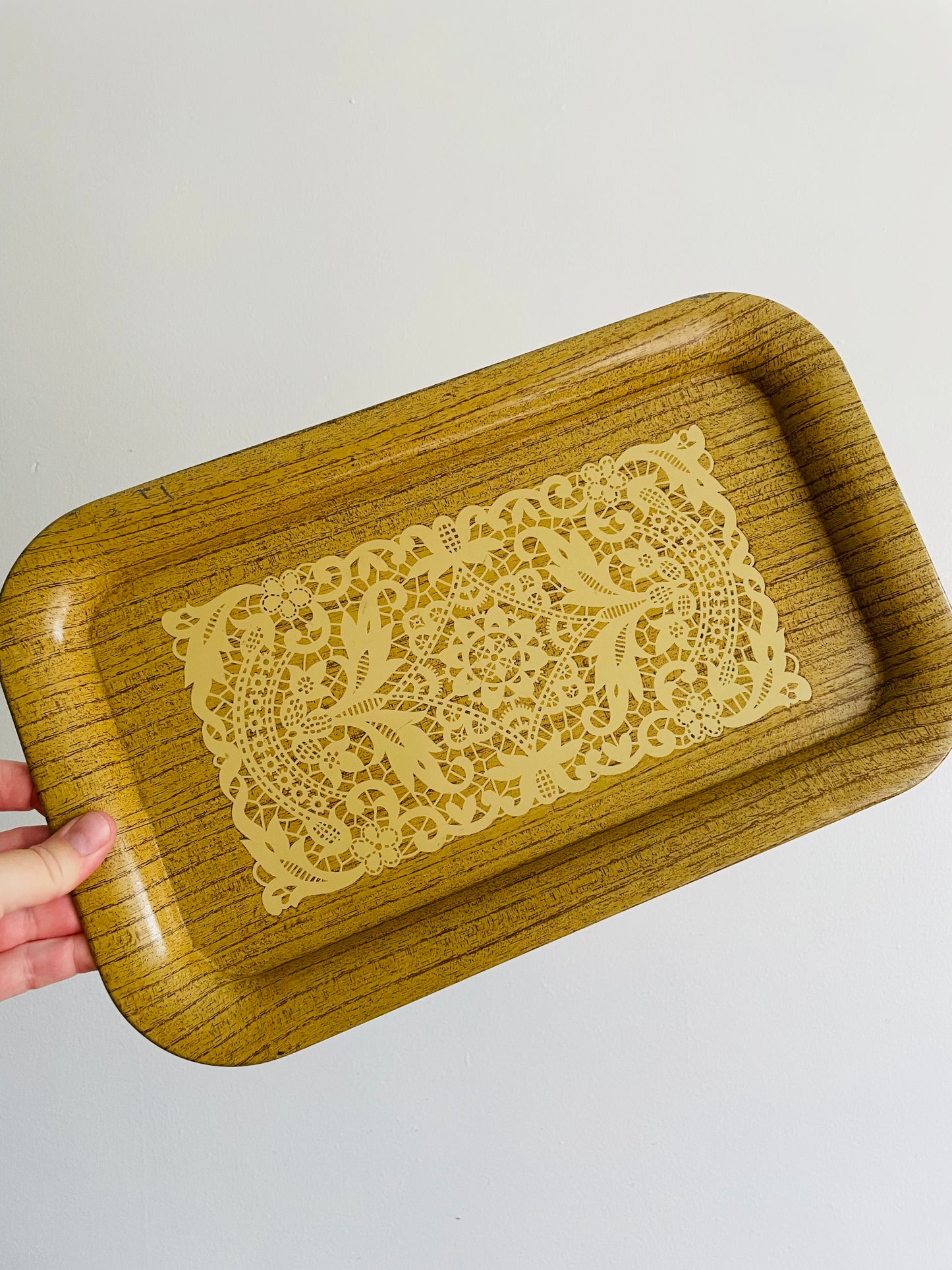 Faux Wood & Doily Design Tin Metal Individual Serving Trays - Set of 4