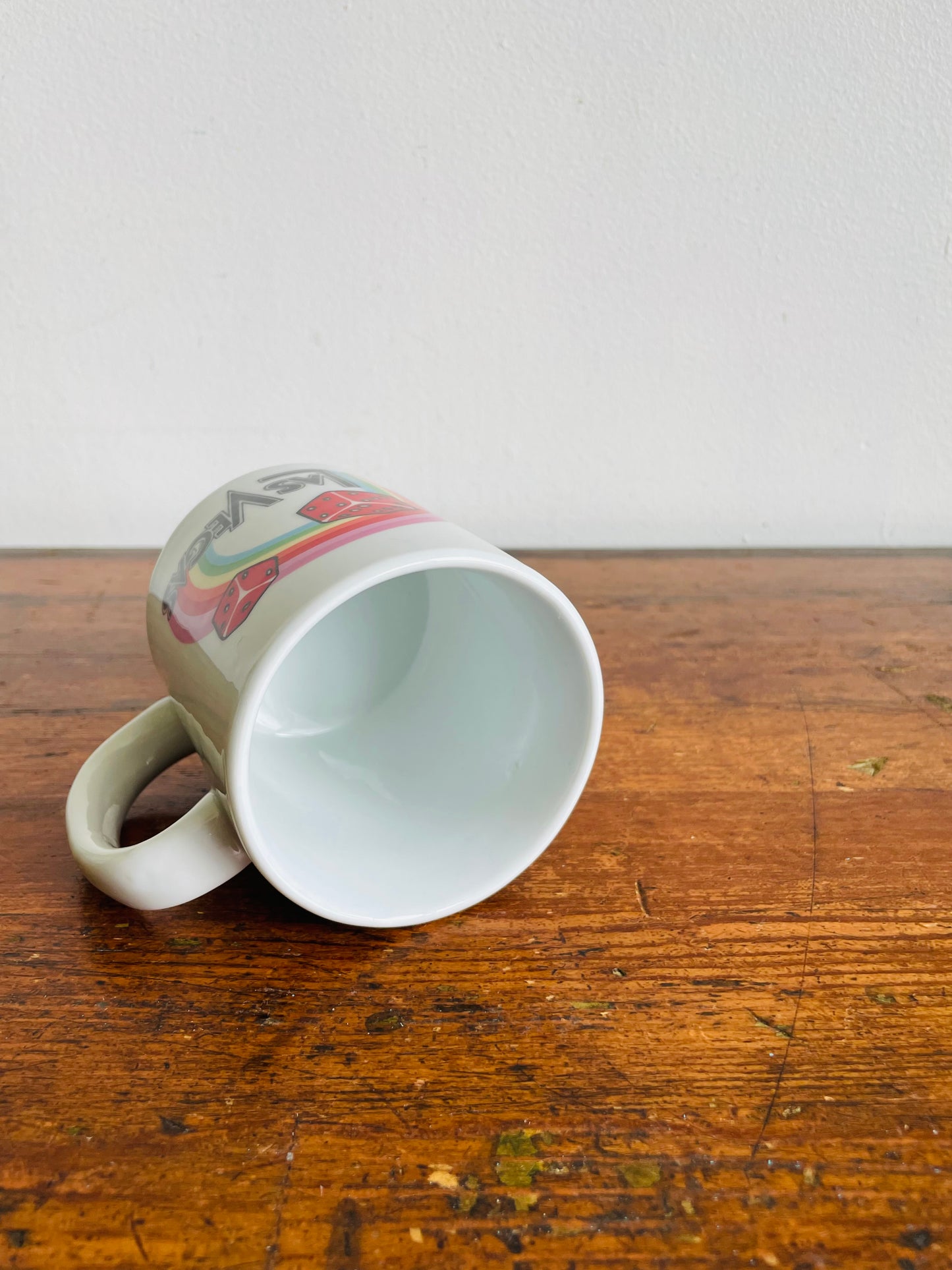 White Las Vegas Mug with Rainbow & Red Dice Graphic