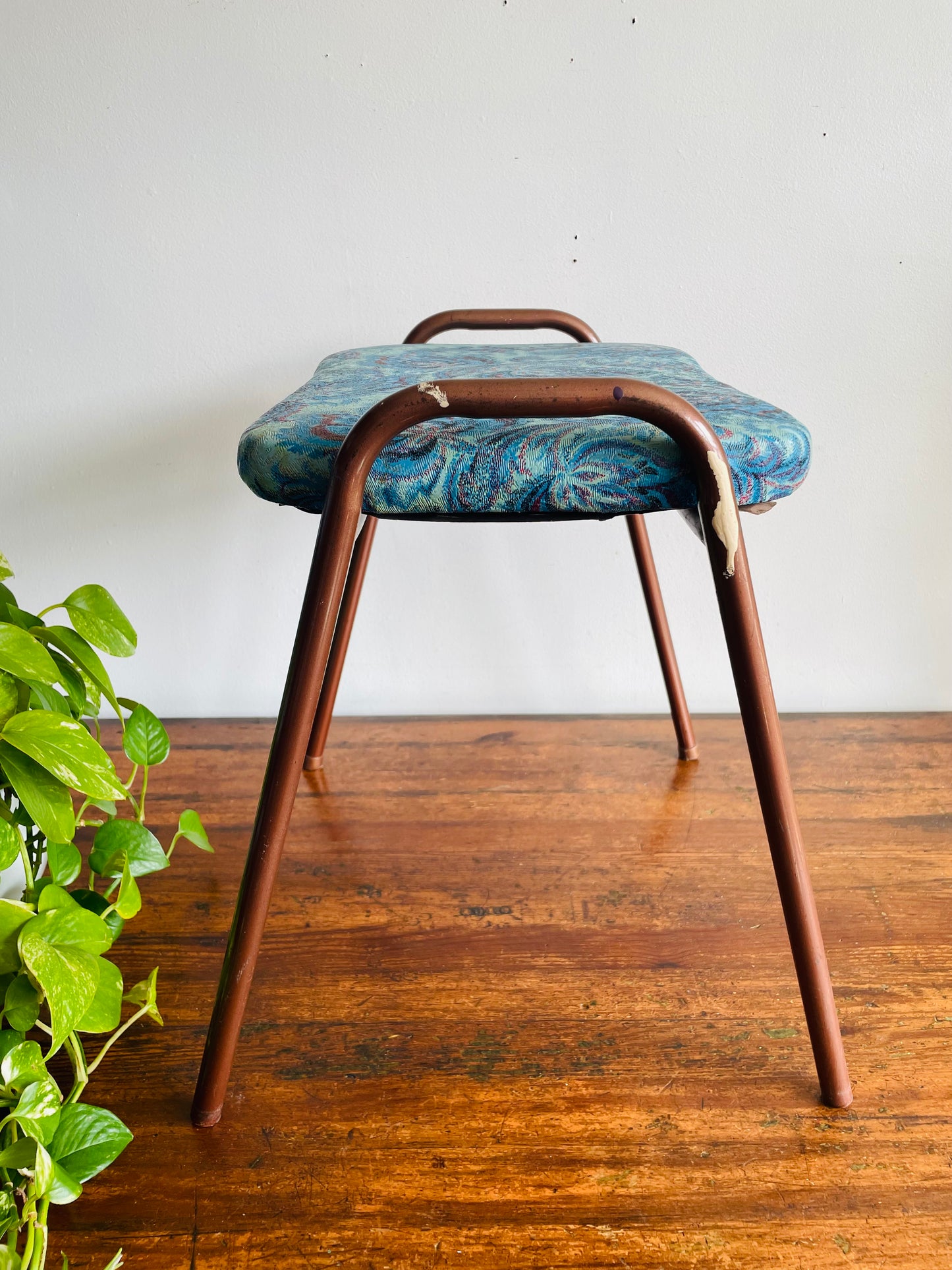 Vintage 1968 Perfect Chrome Furniture Co. Stackable Stool Chair with Vinyl Cushion - Blue Floral Pattern #2 - Made in Toronto