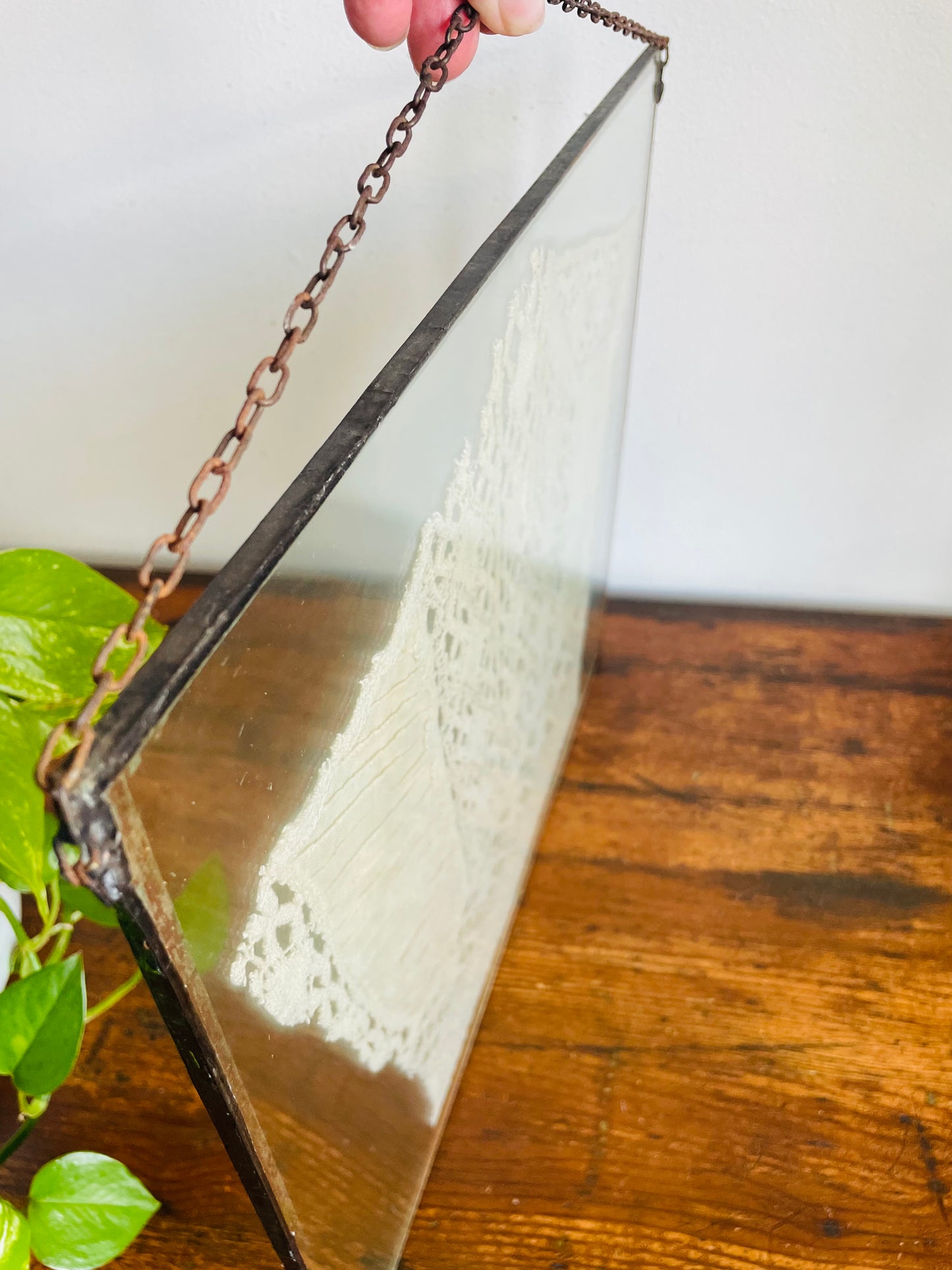 Antique Lace Bodice of Wedding Dress - Pressed & Sealed in Leaded Glass Frame - Chain for Hanging