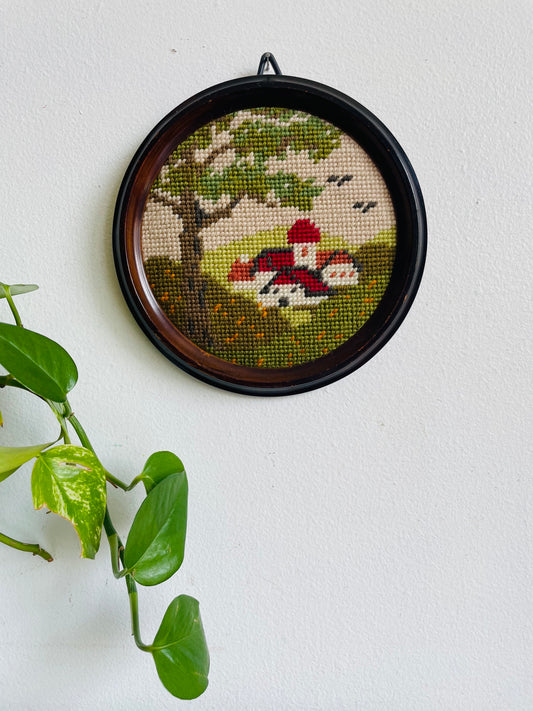 Round Embroidery Picture of Red Roof Village Houses in Green Grass Scene
