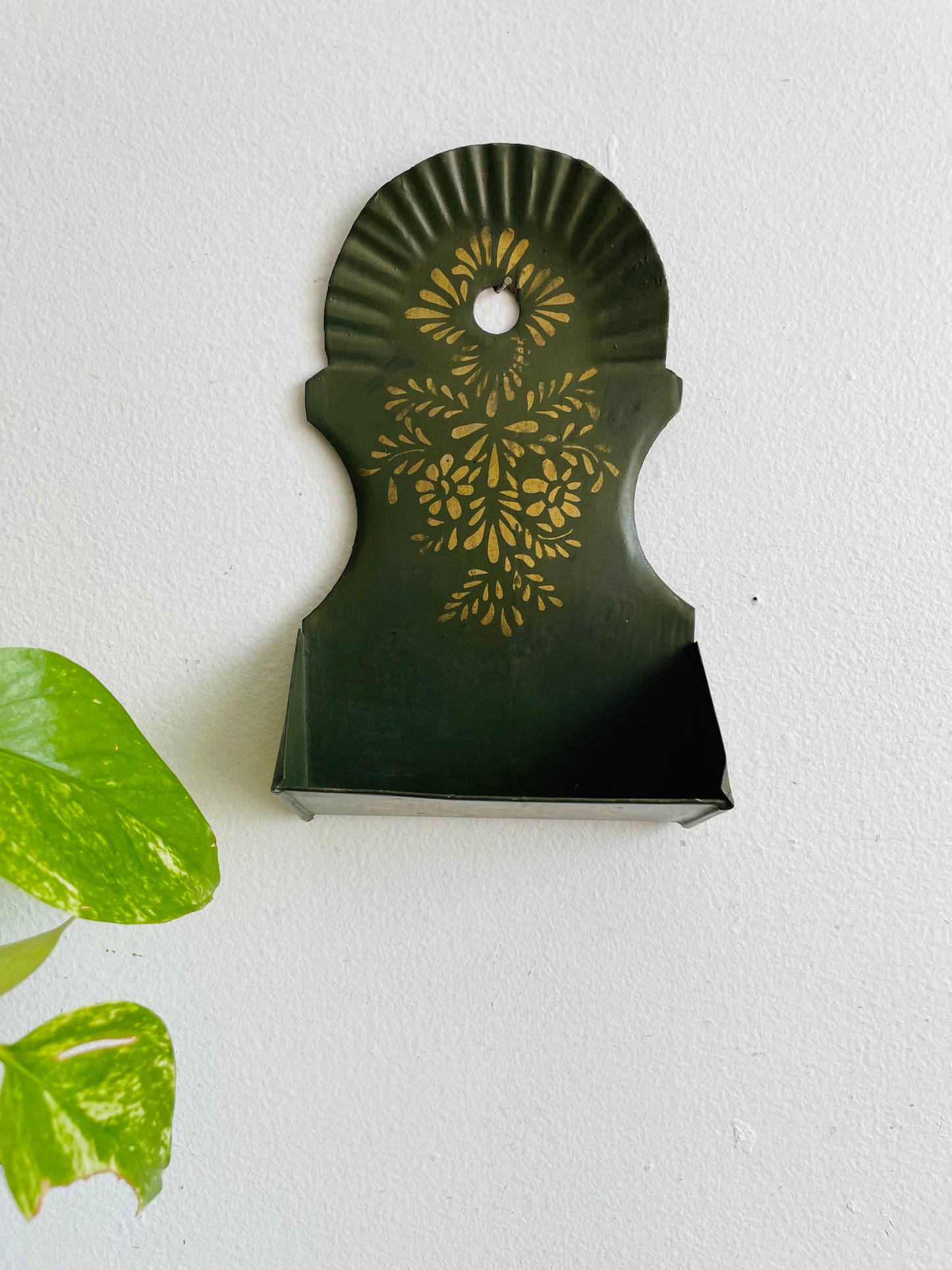Antique 1880 Green Tin Toleware Match Safe - Wall Hanging Holder with Gold Flower Stencilled Design