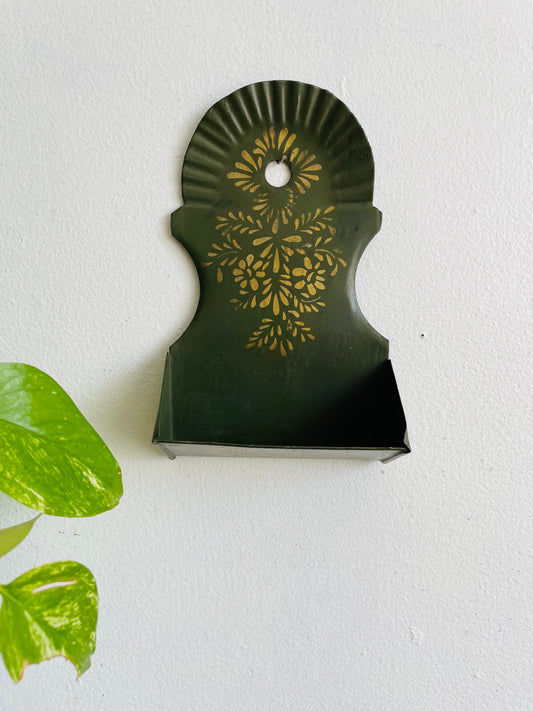Antique 1880 Green Tin Toleware Match Safe - Wall Hanging Holder with Gold Flower Stencilled Design