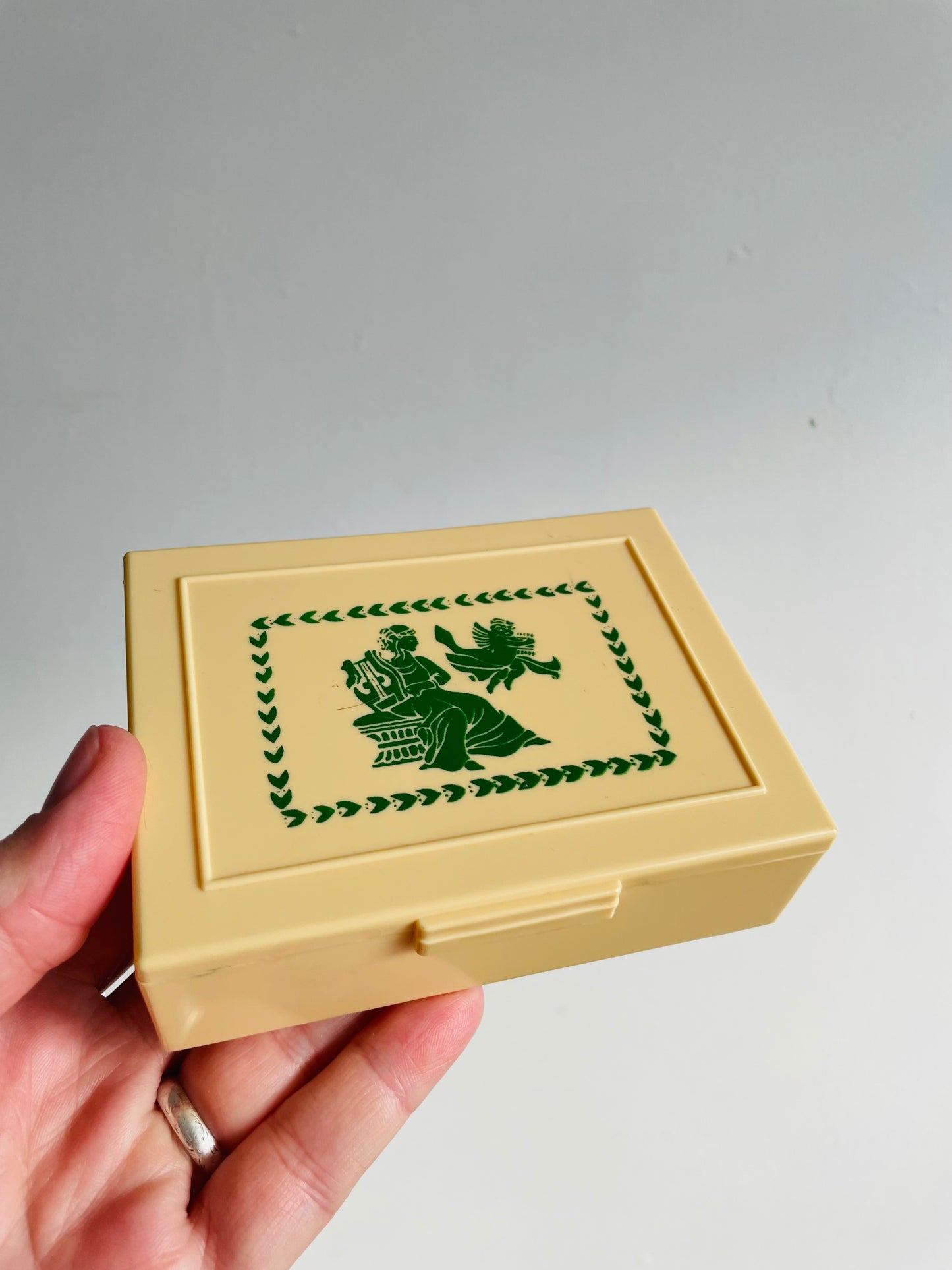 Celluloid Trinket Box with Hinged Lid & Green Grecian Design