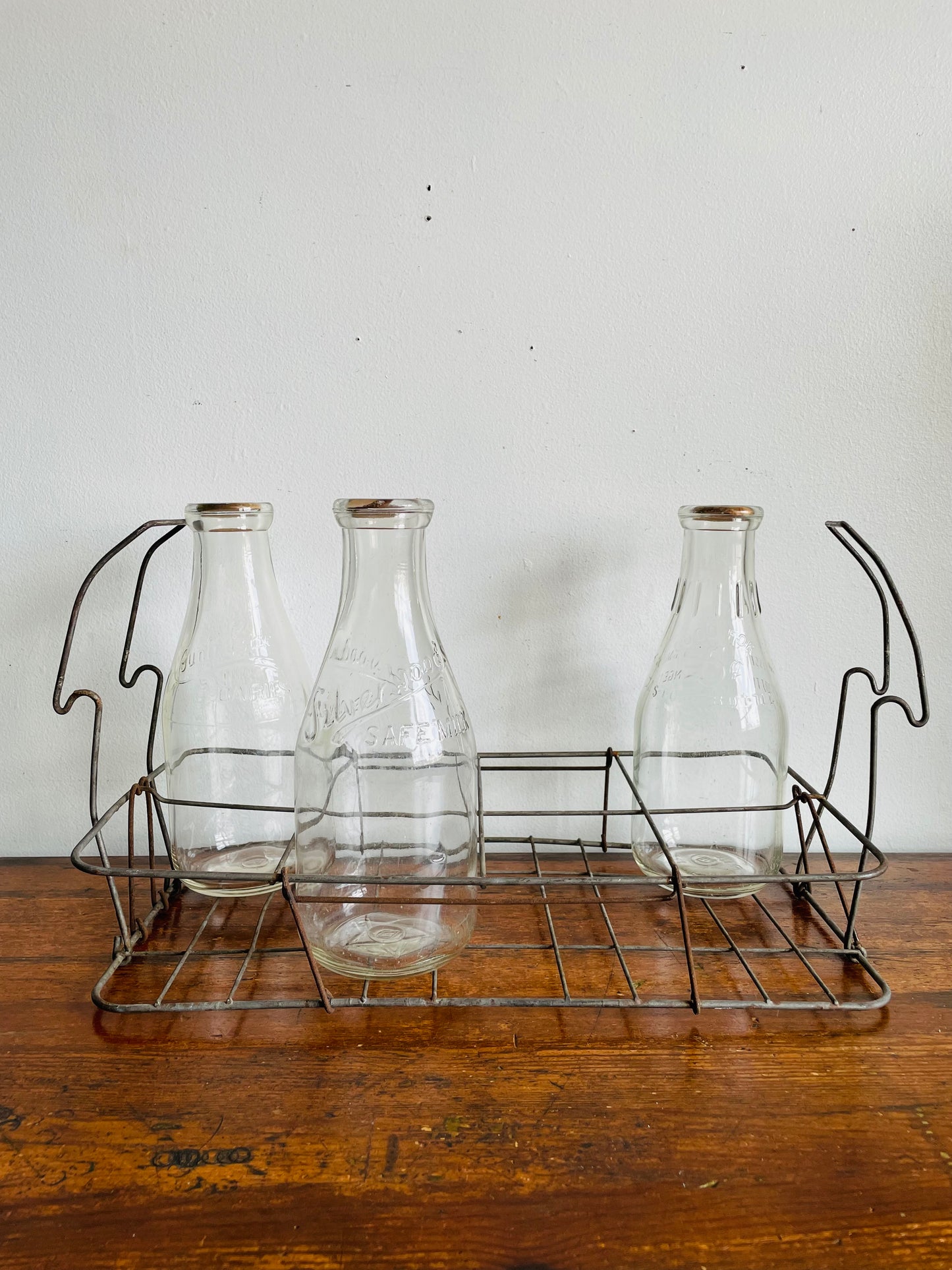 Vintage Metal Milk Bottle Caddy Carrier with Handles & Three Glass Milk Bottles with Cardboard Bottle Caps