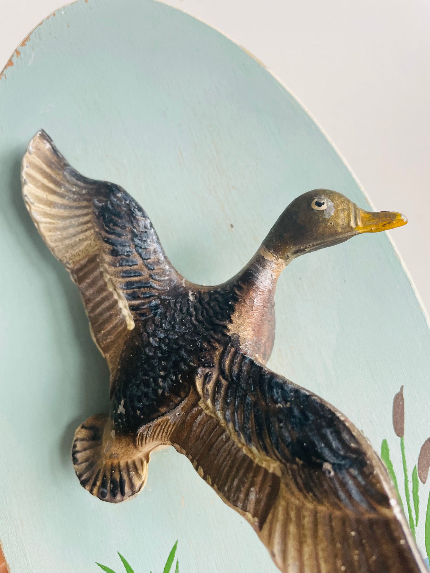 Vintage Hand Painted Oval Wall Plaque Picture with 3D Metal Mallard Duck in Flight
