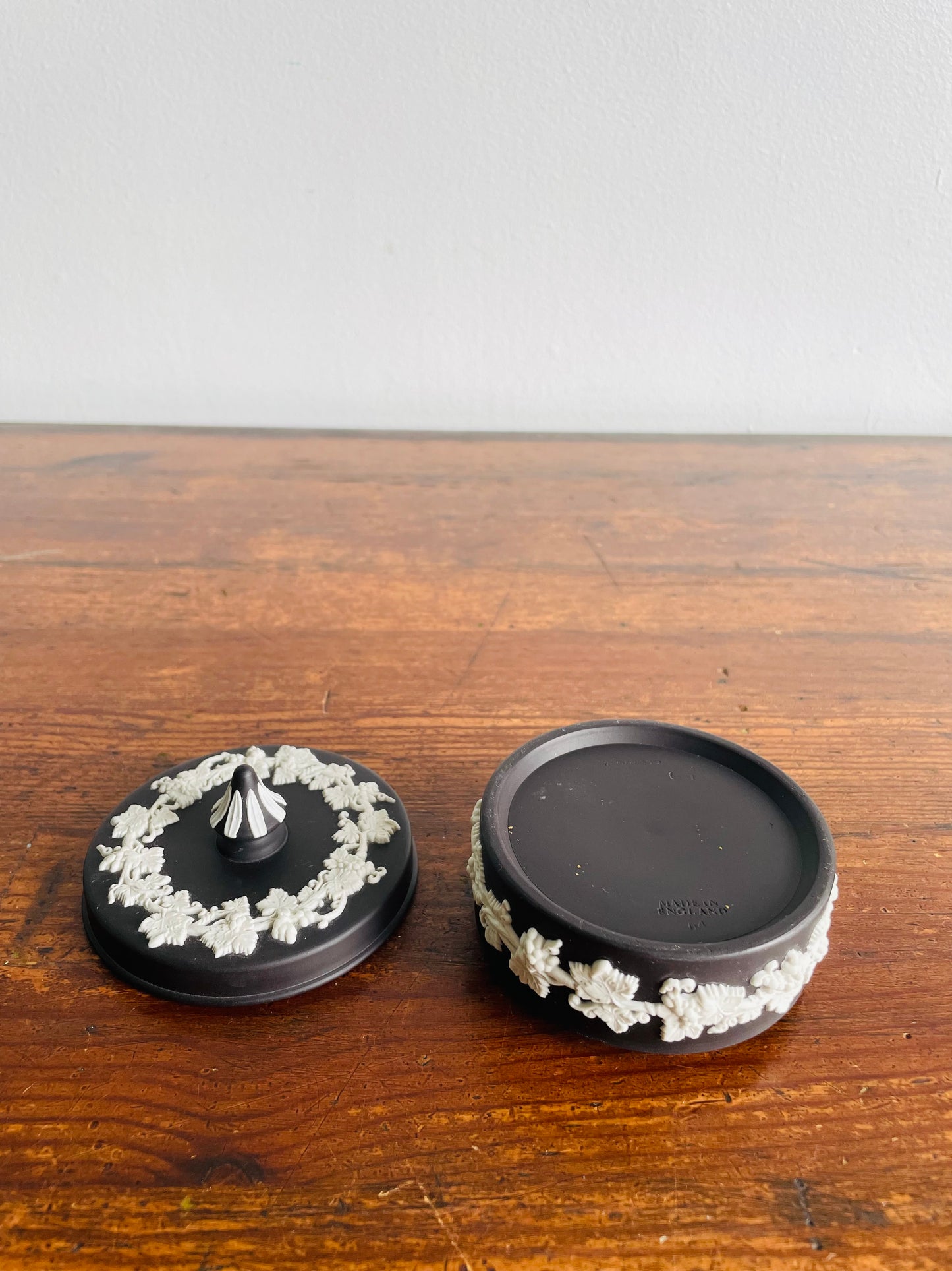 Black Jasperware Wedgwood Round Trinket Dish with Lid - Made in England