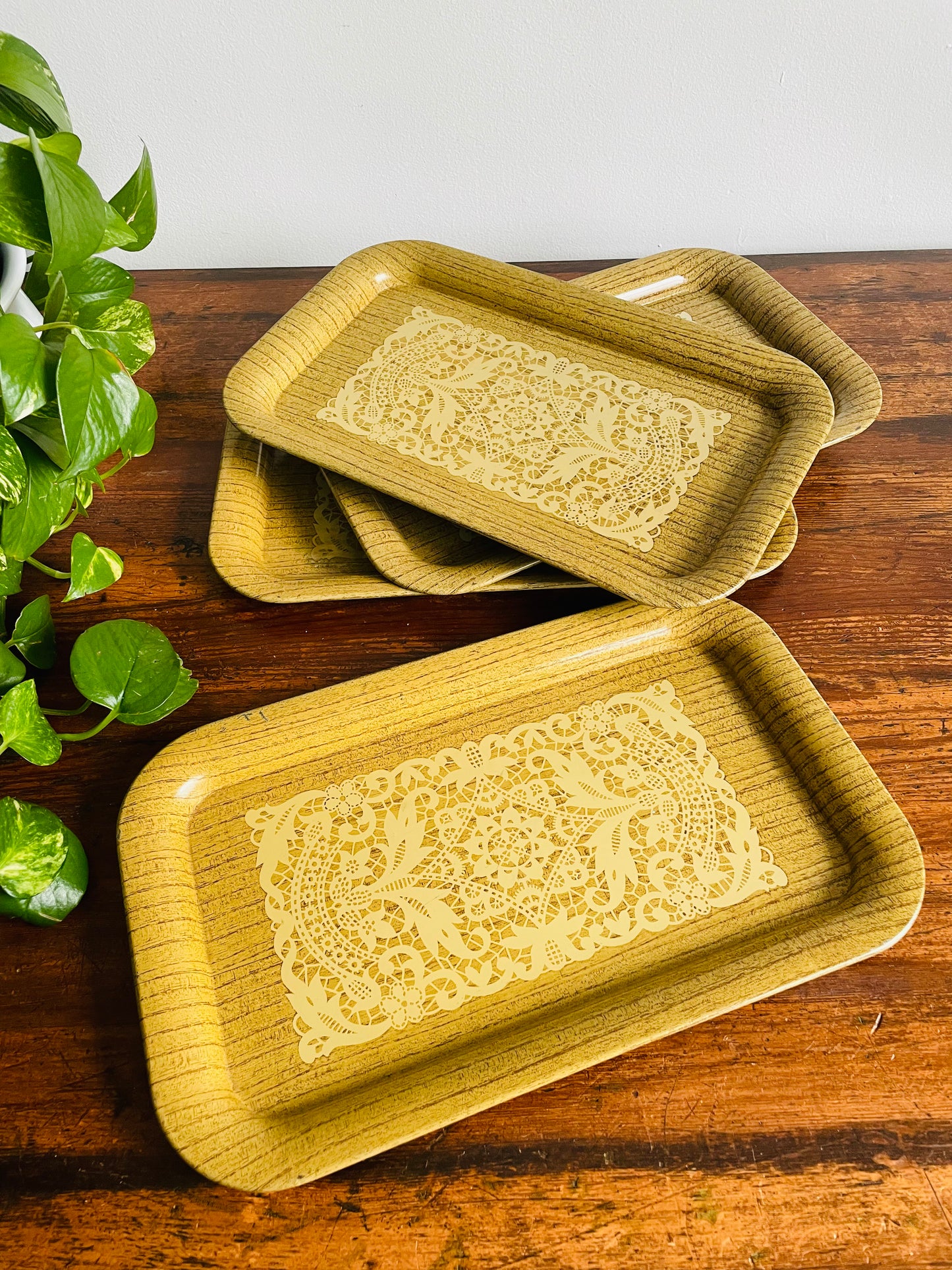 Faux Wood & Doily Design Tin Metal Individual Serving Trays - Set of 4